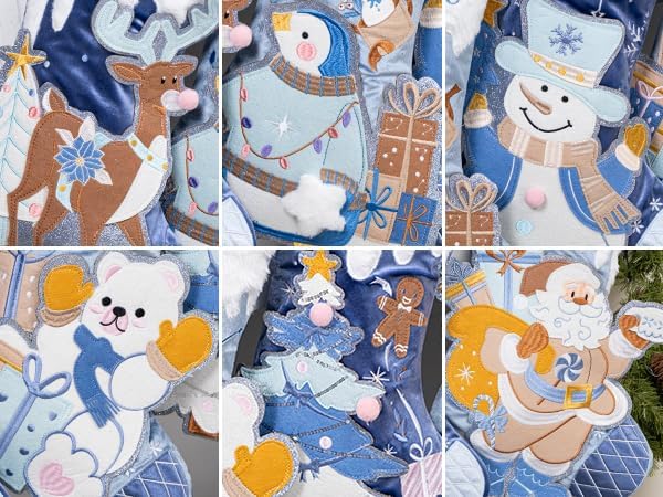 BHD BEAUTY Set of 6 Christmas Stockings Gray Burlap Buffalo Red Plaid Soft Faux Fur 20 Inches Lovely Embroidery Pattern for Family Decorations Hanging Ornament for Xmas Holiday Party