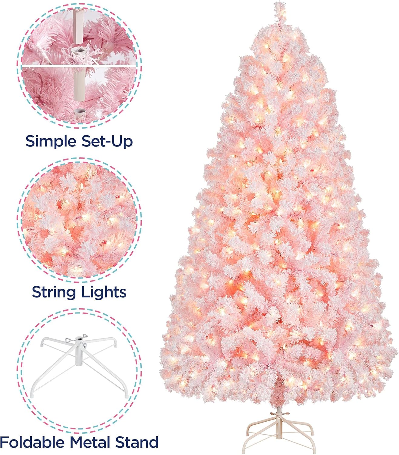 6ft Snow Flocked Pre-lit Christmas Tree with 250 Warm White Lights, 820 Lush Branch Tips & Quick-Assembly Hinged Design, Full Artificial Xmas Tree for Winter Holiday Décor, Green & White