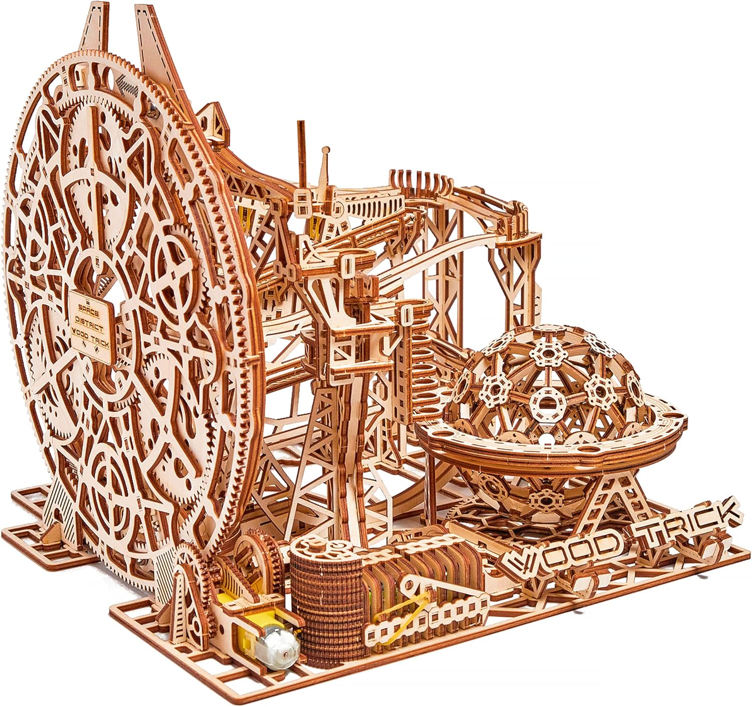Wood Trick Wooden Marble Run Electric Motorized - 3D Wooden Puzzles for Adults to Build - 15x14 in - Roller Coaster Wooden Model Kits for Adults to Build