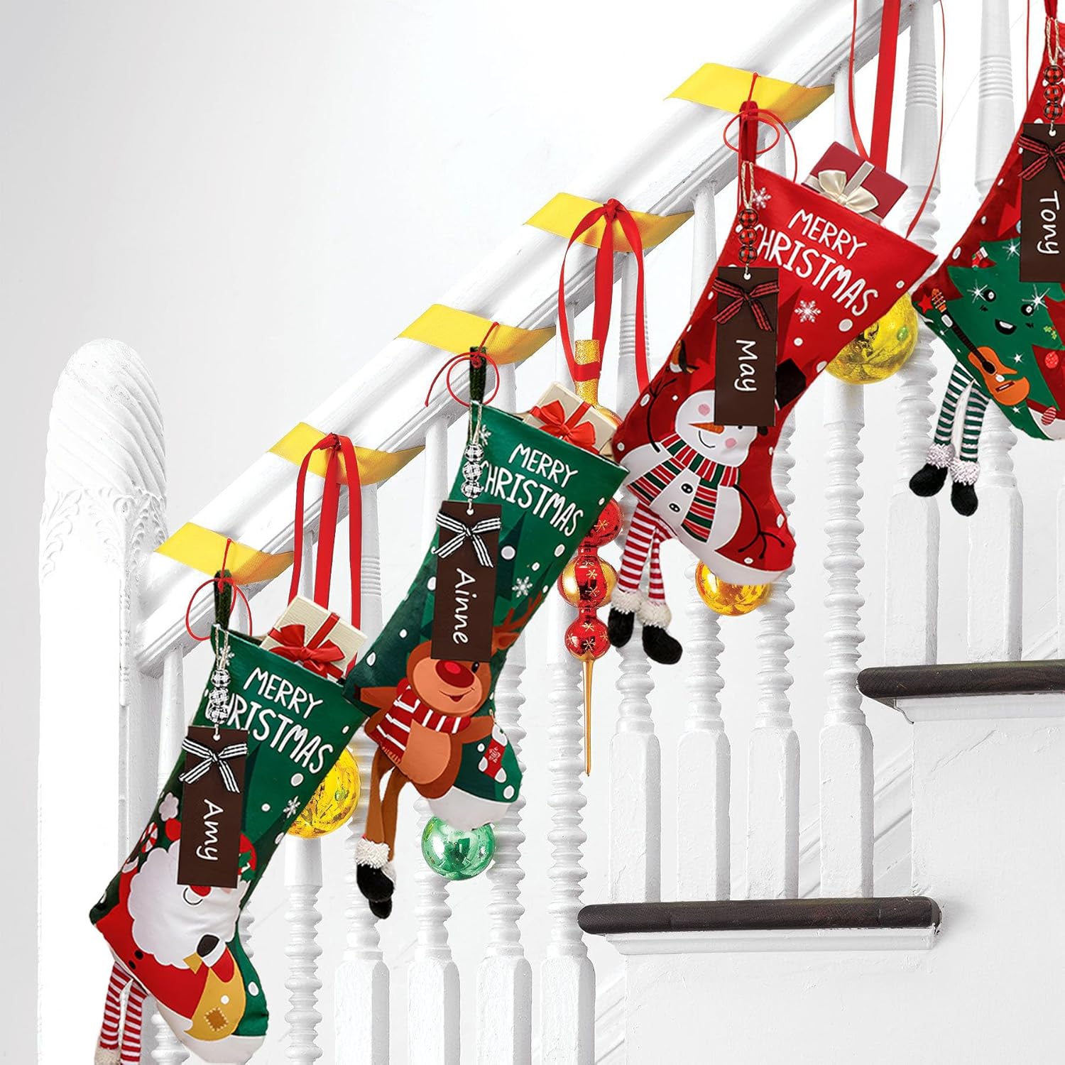 is Tycons 2023 New 4 Pack Christmas Stockings with Name Tags,18 Large Personalized Christmas Stocking Deer Santa Non-Woven Xmas Stocking,Fireplace Hanging Stockings Boots for Holiday Christmas Decor