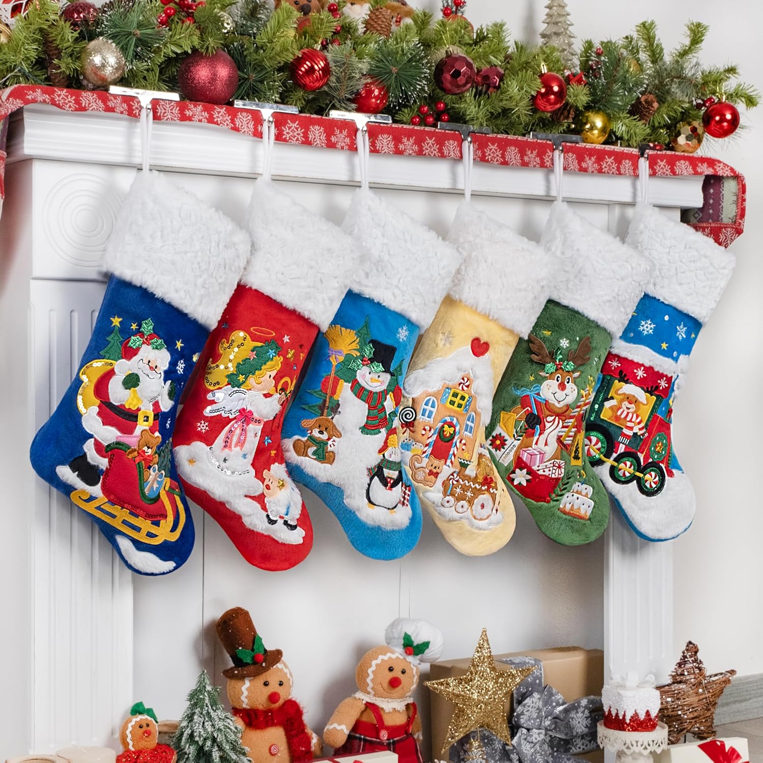 BHD BEAUTY Set of 6 Christmas Stockings Gray Burlap Buffalo Red Plaid Soft Faux Fur 20 Inches Lovely Embroidery Pattern for Family Decorations Hanging Ornament for Xmas Holiday Party