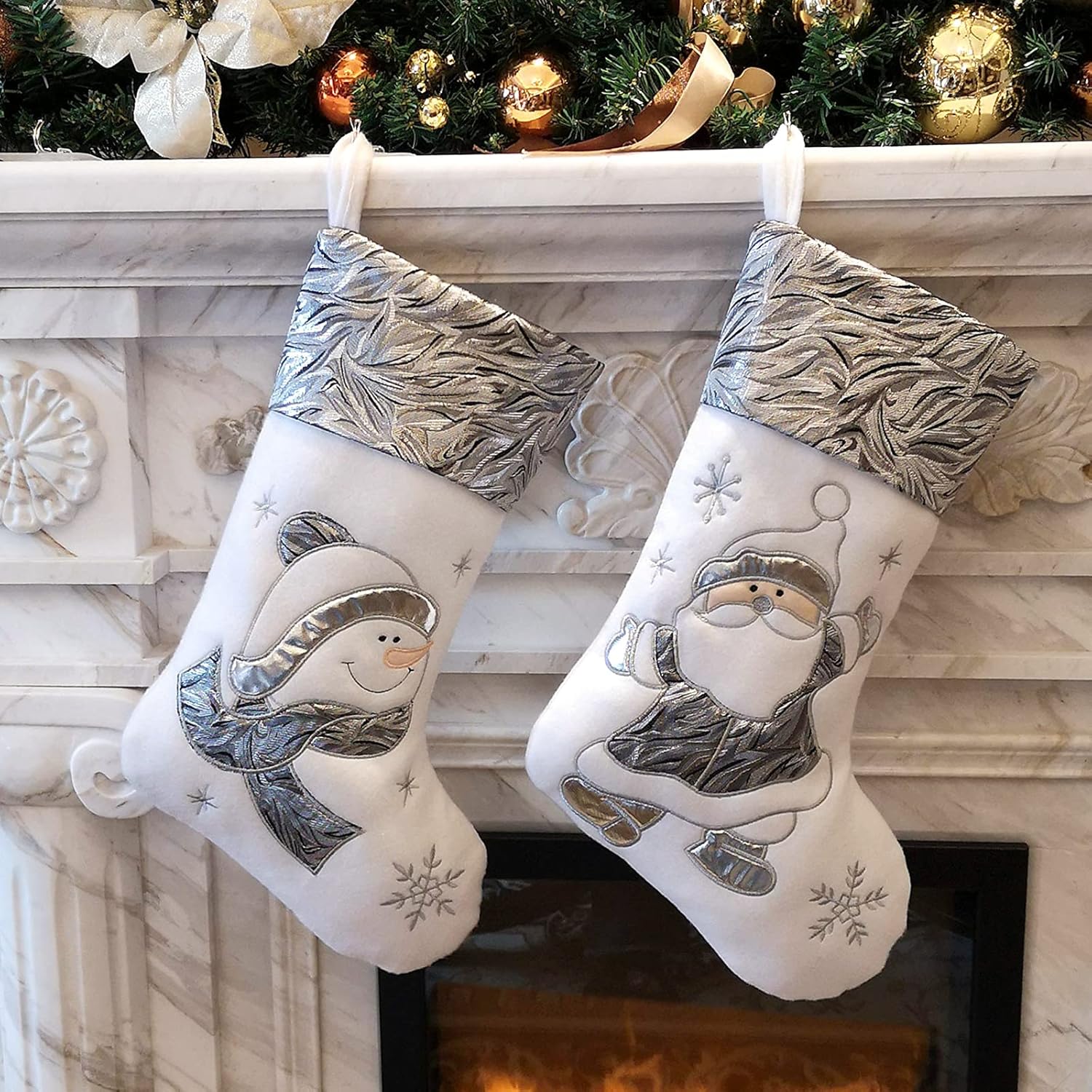 WEWILL Classic Christmas Stockings Set of 2 Elk, Snowman Xmas Character 17 inch Christmas Decorations Gift for Family Kids (Style 4)