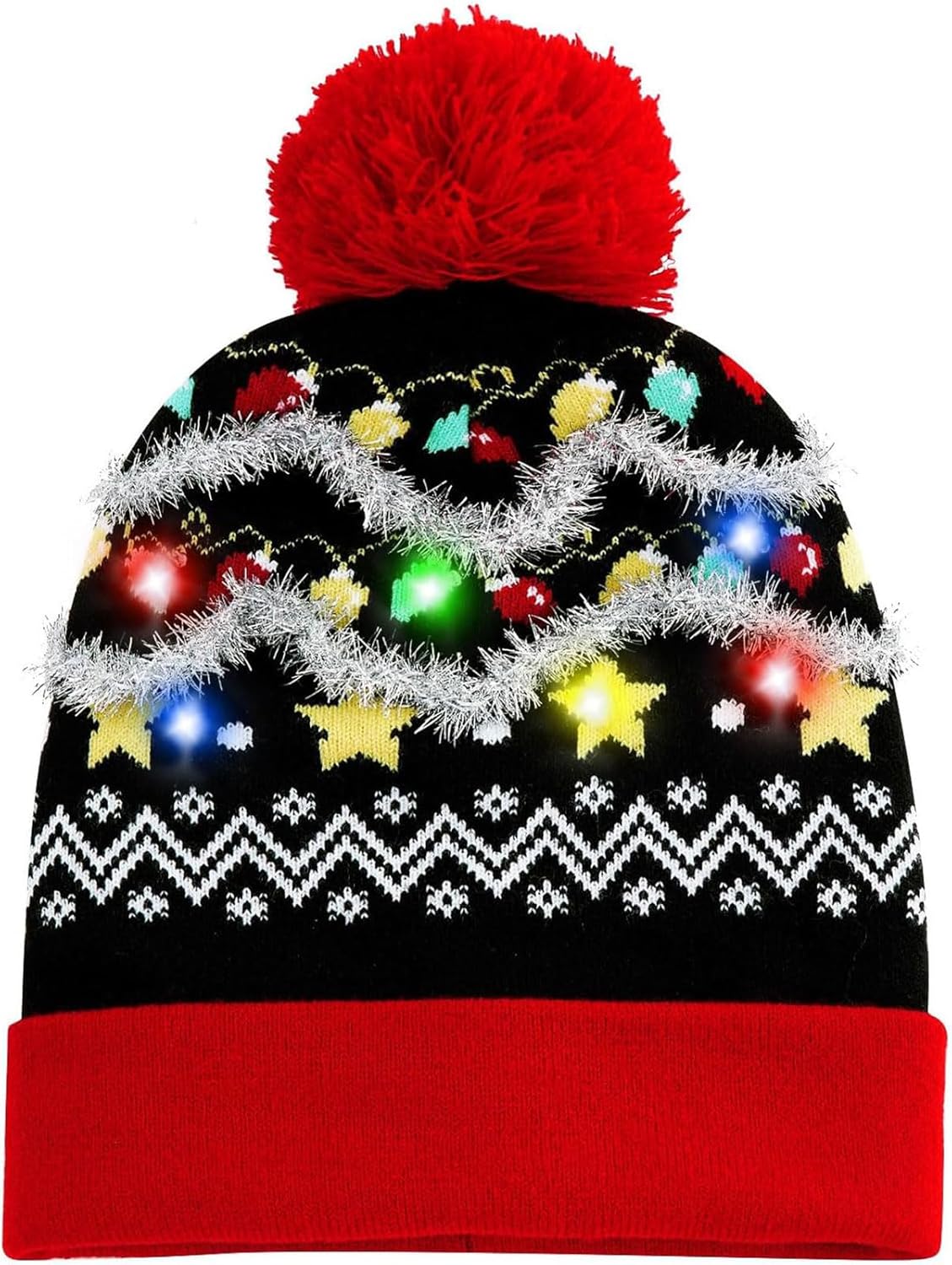 Unisex Ugly LED Christmas Hat Novelty Colorful Light-up Stylish Knitted Sweater Xmas Party Beanie Cap(6 Lights)