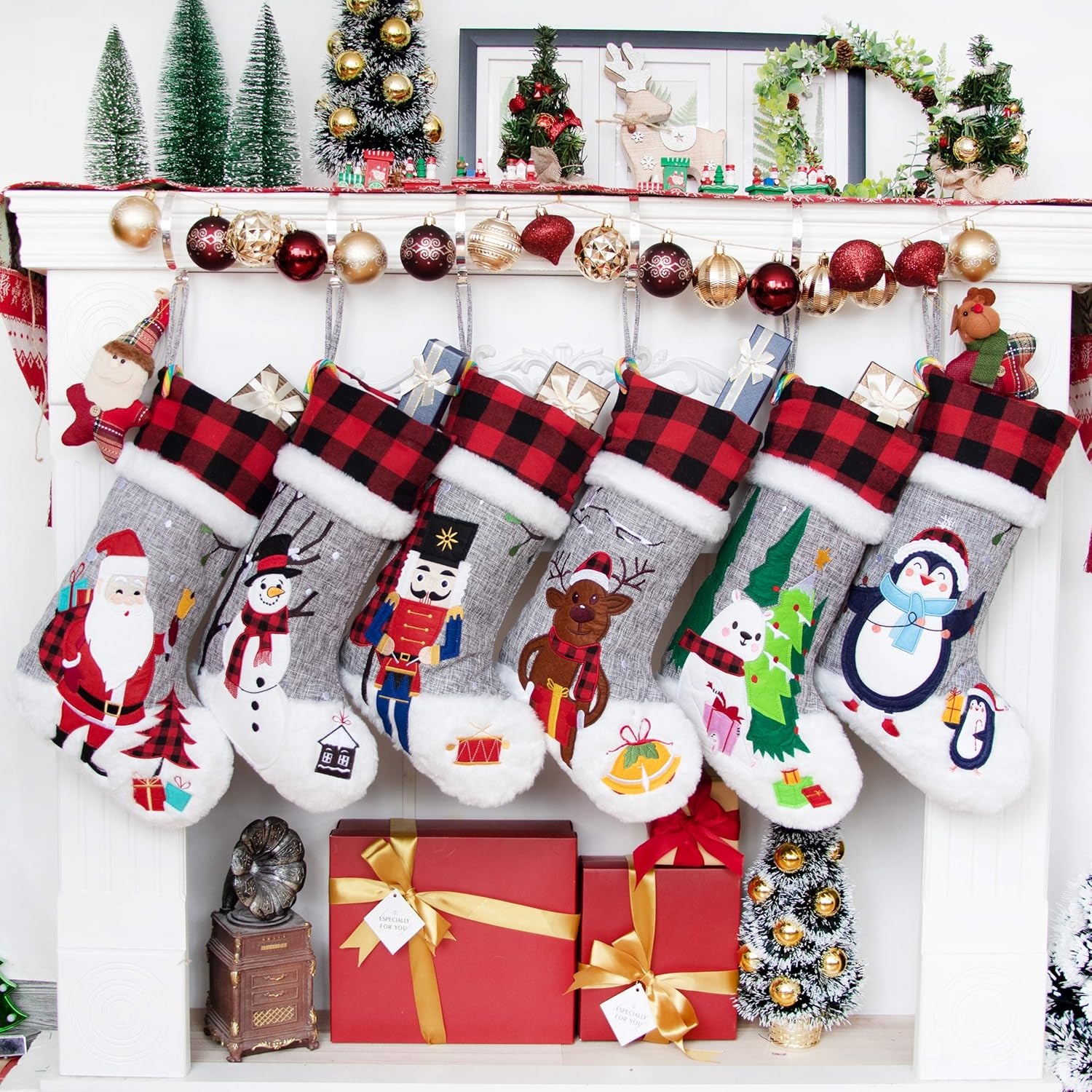 BHD BEAUTY Set of 6 Christmas Stockings Gray Burlap Buffalo Red Plaid Soft Faux Fur 20 Inches Lovely Embroidery Pattern for Family Decorations Hanging Ornament for Xmas Holiday Party