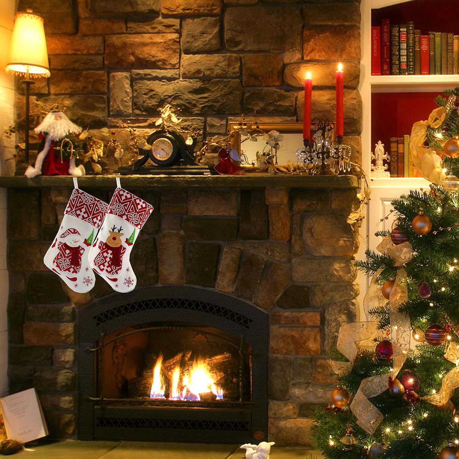 WEWILL Classic Christmas Stockings Set of 2 Elk, Snowman Xmas Character 17 inch Christmas Decorations Gift for Family Kids (Style 4)