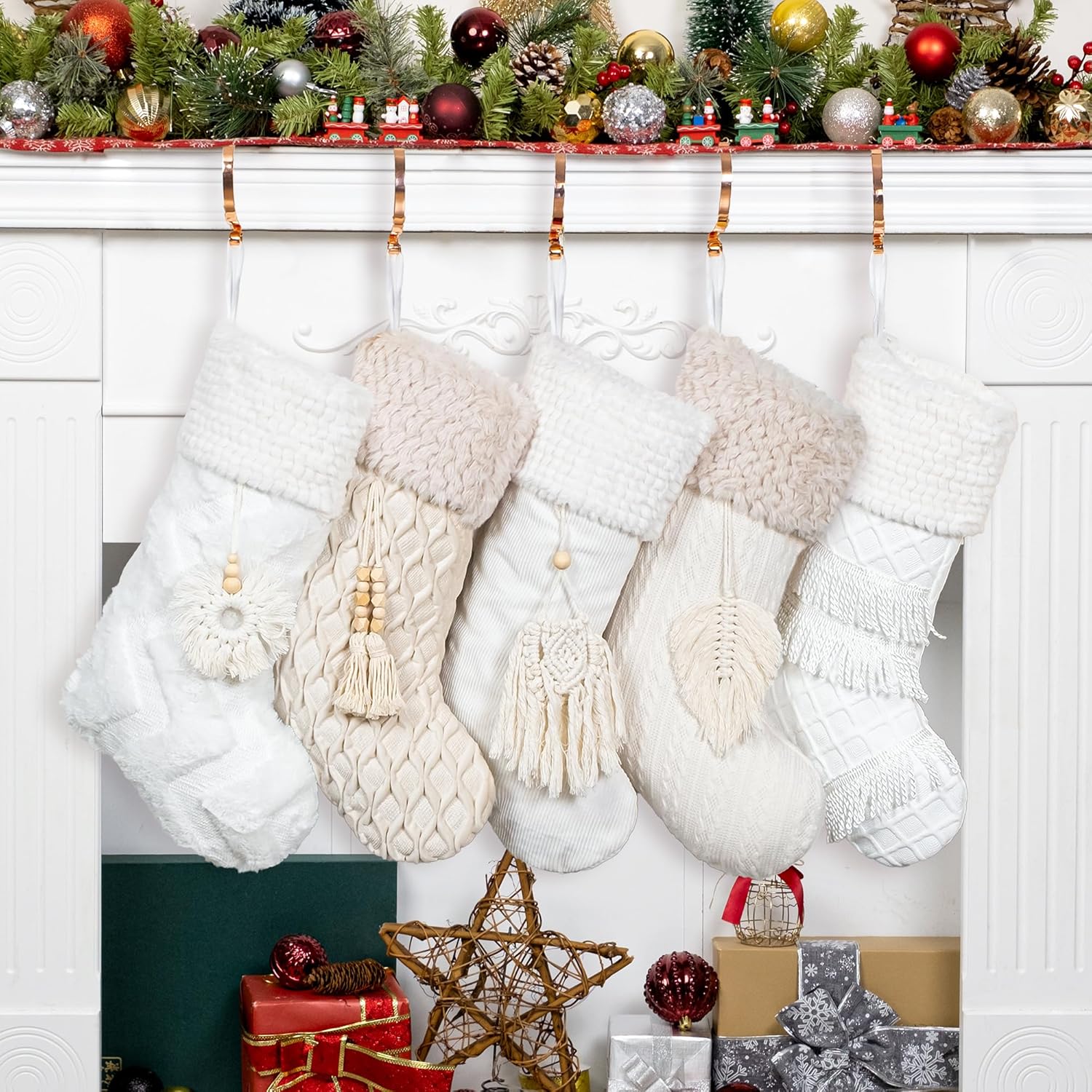 BHD BEAUTY Set of 6 Christmas Stockings Gray Burlap Buffalo Red Plaid Soft Faux Fur 20 Inches Lovely Embroidery Pattern for Family Decorations Hanging Ornament for Xmas Holiday Party