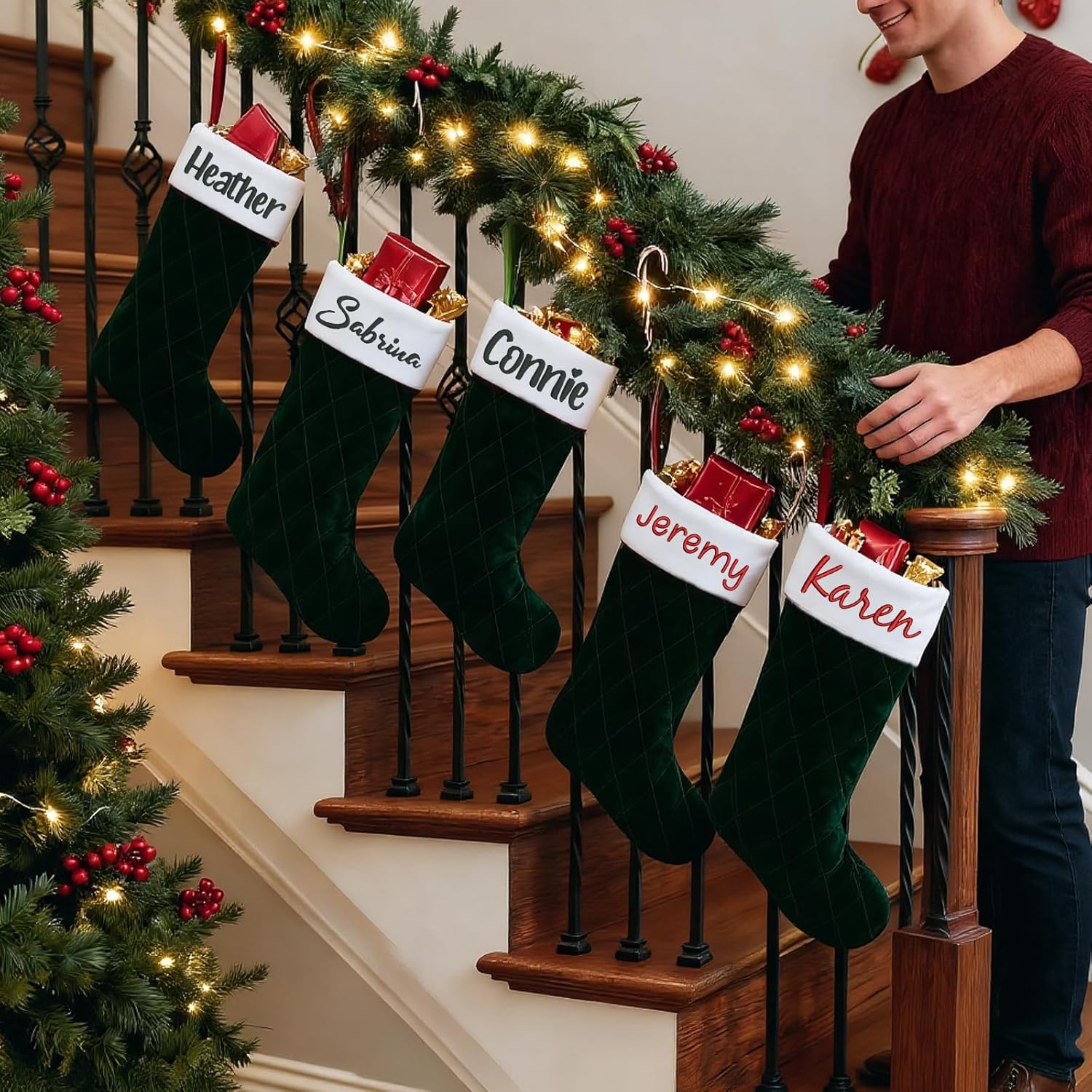 Flycalf Velvet Christmas Stockings 6 Pack Large 20 Inches with Hanging Loop Embroidery Classic Luxury Family Ornament Fireplace Hanging Stockings for Christmas Decorations