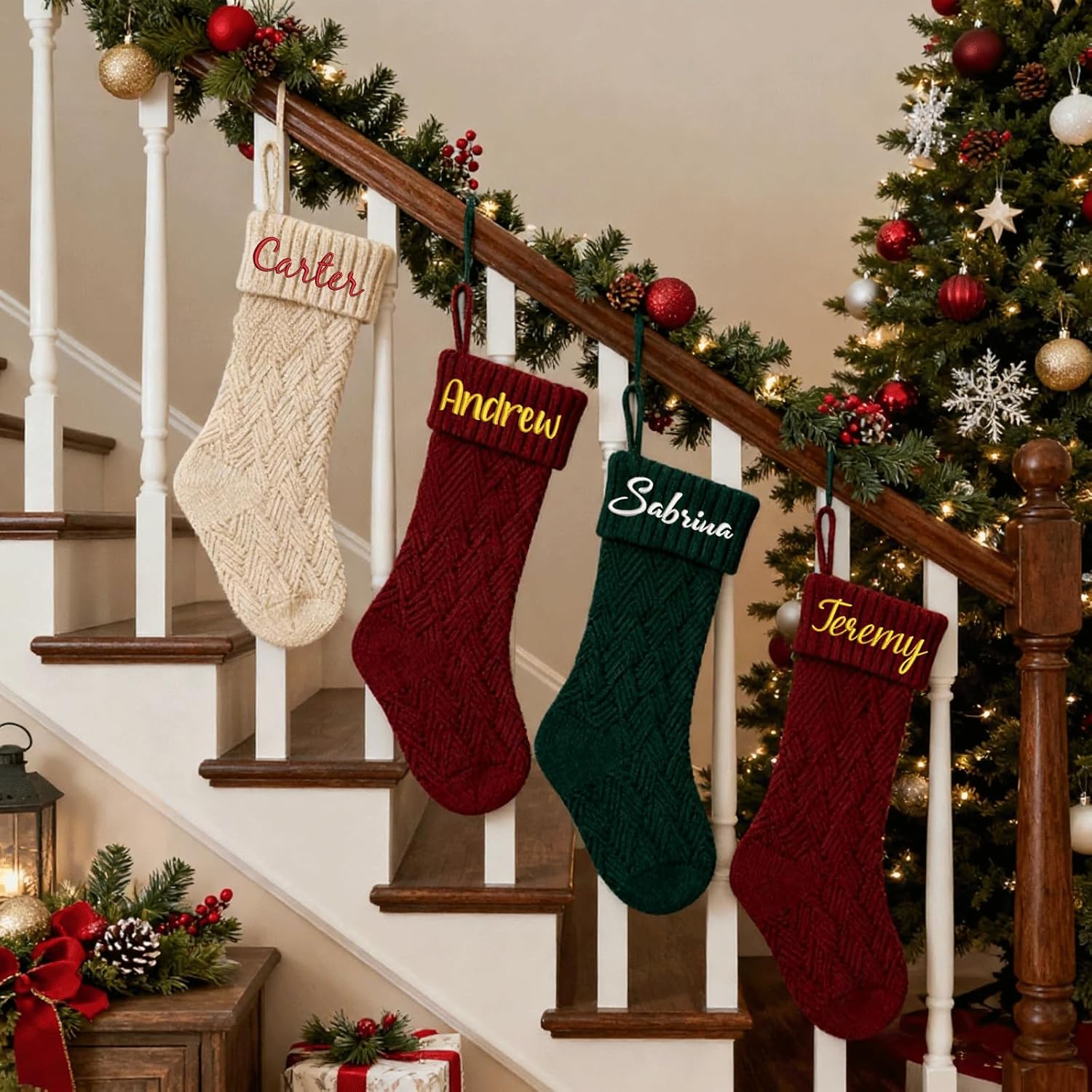 Flycalf Velvet Christmas Stockings 6 Pack Large 20 Inches with Hanging Loop Embroidery Classic Luxury Family Ornament Fireplace Hanging Stockings for Christmas Decorations