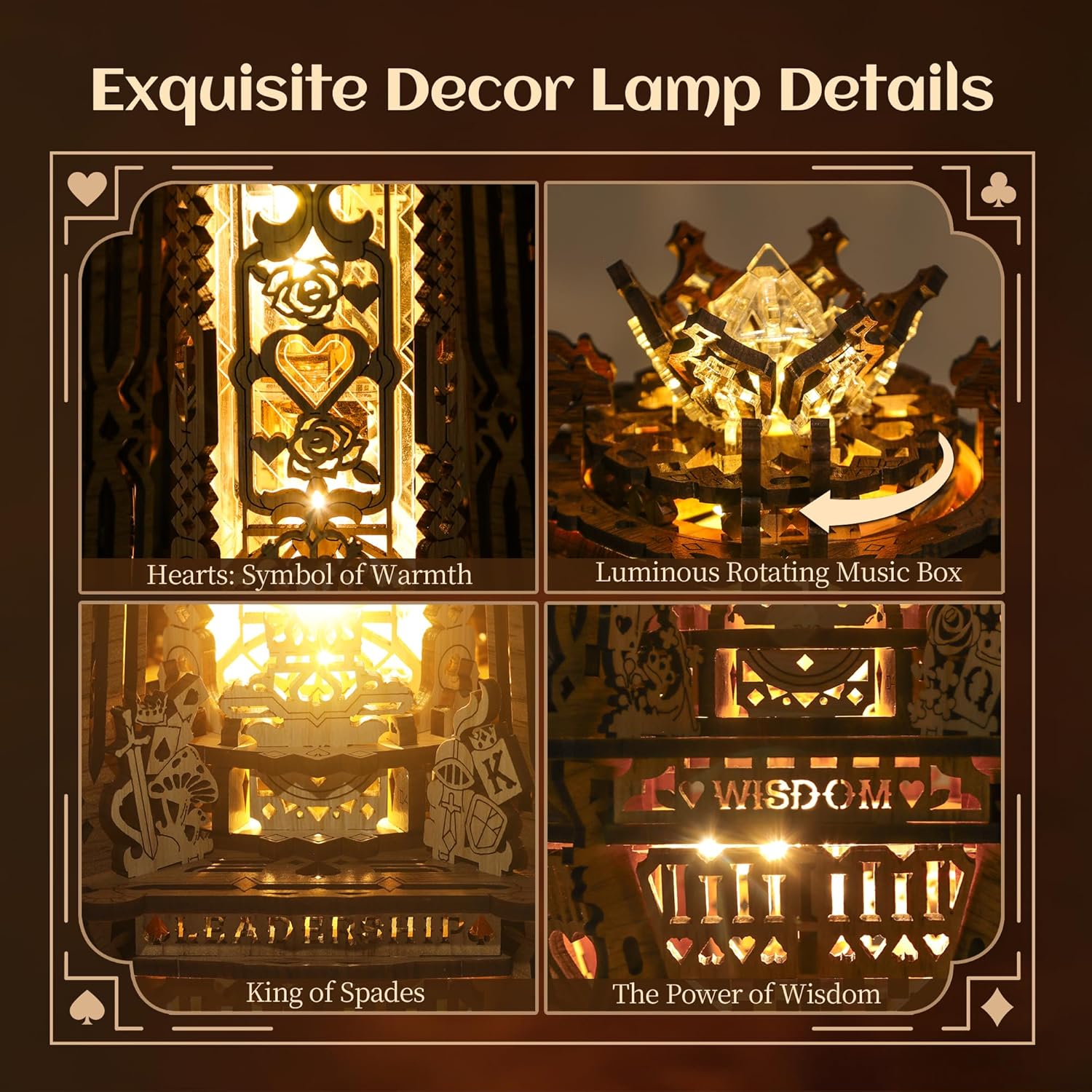 FUNPOLA LED 3D Wood Puzzle Poker World Projector Lamp – DIY Craft Kit with LED Lights and Music Box – Creative Poker-Themed Lamp, Nightlight Gift for Home Décor (Black Walnut)