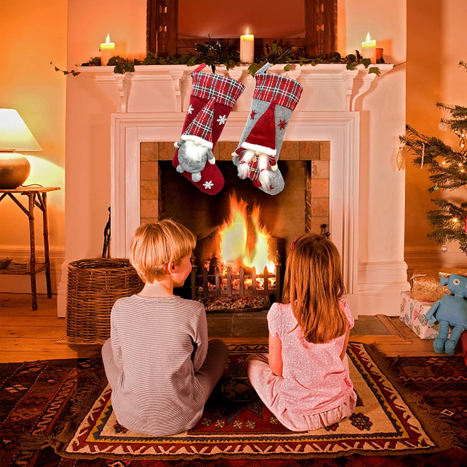 Meajore 2 Pcs Christmas Stockings New Set, 3D Gnomes Santa Christmas Stockings Personalized (18inch) Soft Classic Red and Grey Fireplace Hanging for Family Holiday Xmas Party Decorations