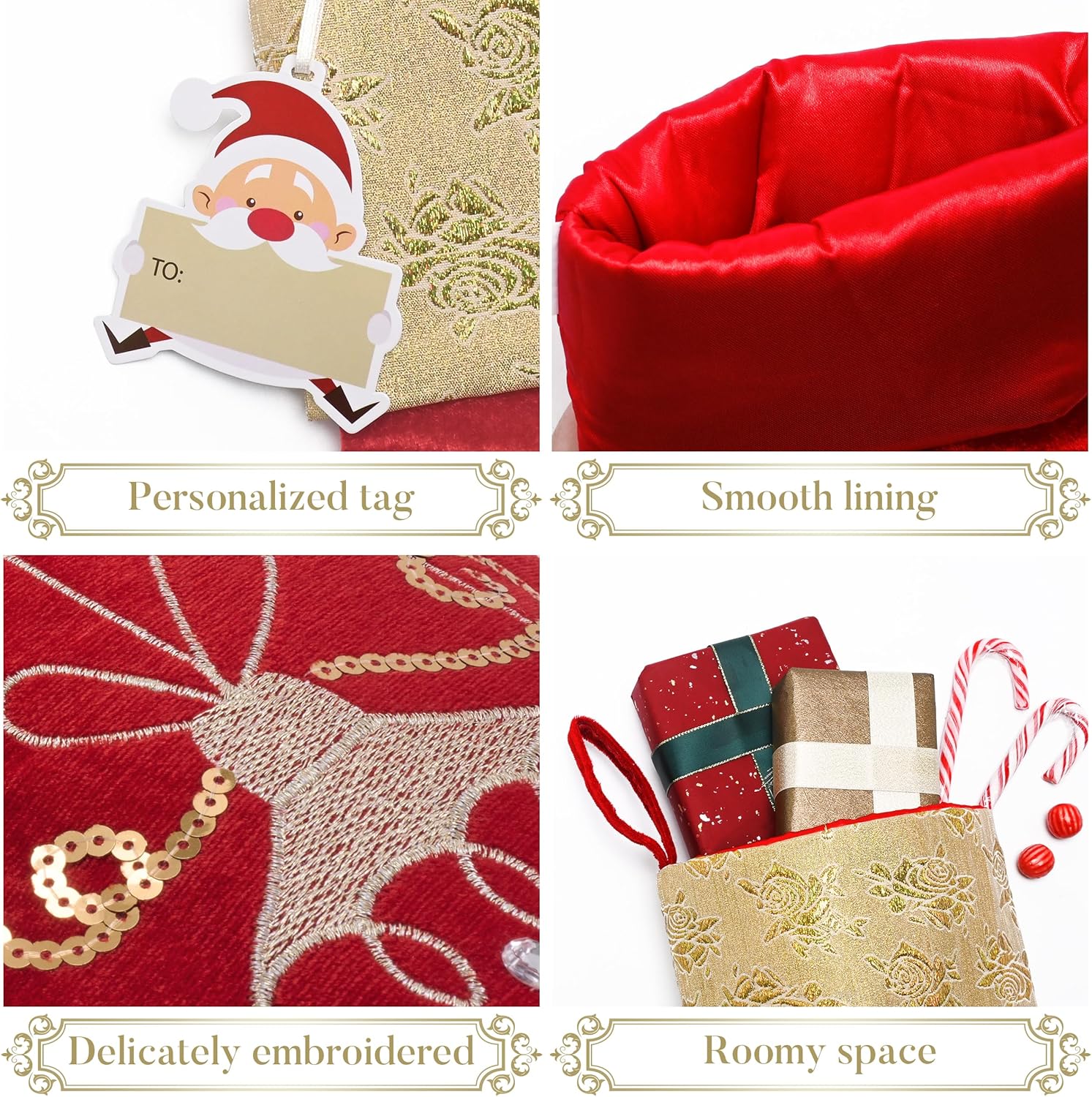 Valery Madelyn 21 Inches Christmas Stockings Decorations, 2 Pack White and Gold Stockings Embroidered in Gold Thread, Elegant Stocking Christmas with Name Tag for Fireplace Decor