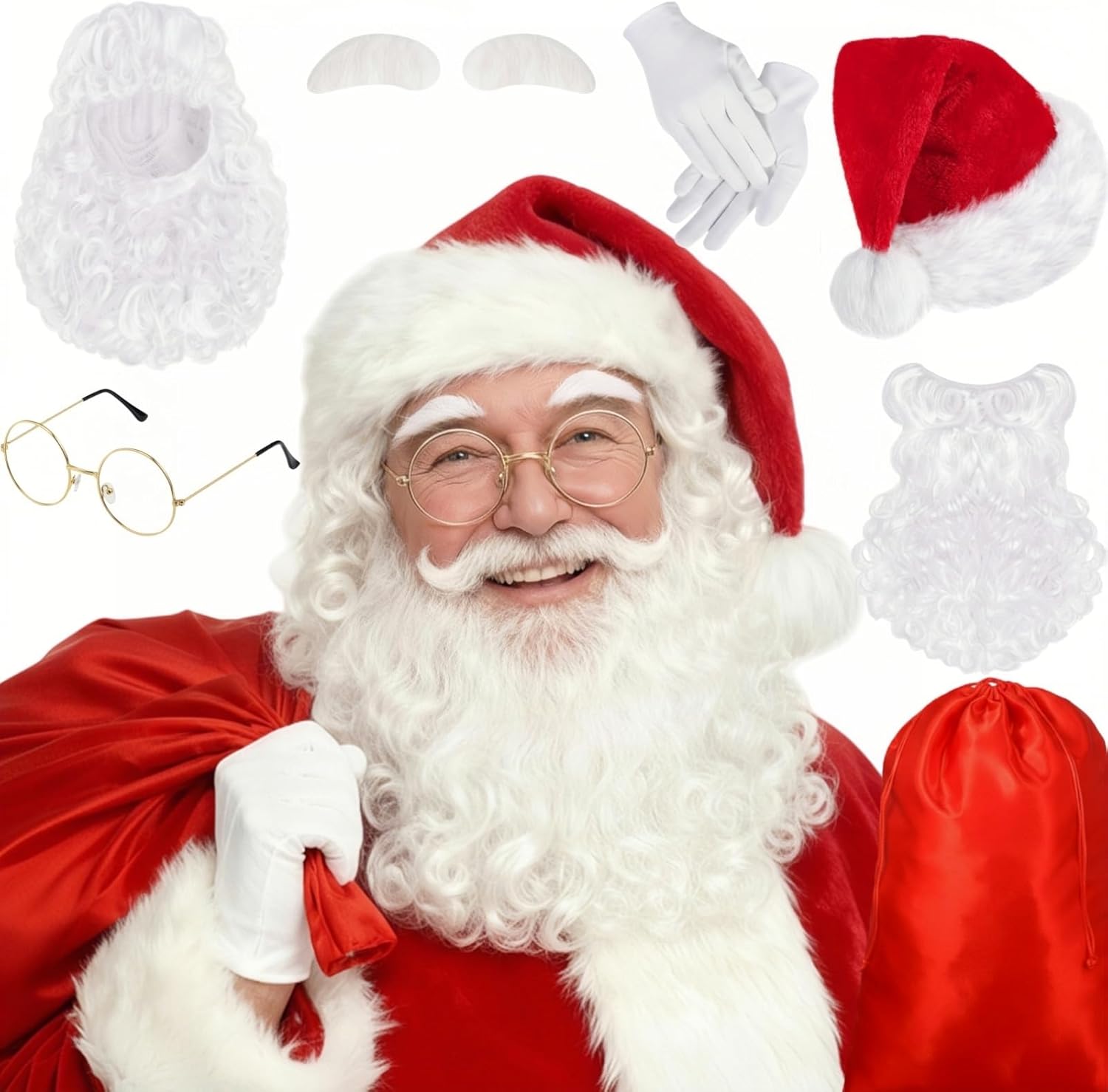 Christmas Santa Costume Set Includes Christmas Santa Hat Beard Wig White Gloves Glasses Present Bag for Xmas Costume