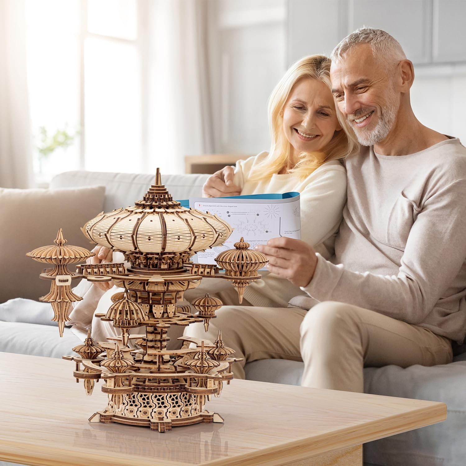 RUIFAM 3D Wooden Puzzles for Adults, SkyCity Music Box Model Kit, 600+ Pcs Cityscape Design, Challenging Mechanical DIY Craft, STEM Toy and Unique Gift for All Occasions