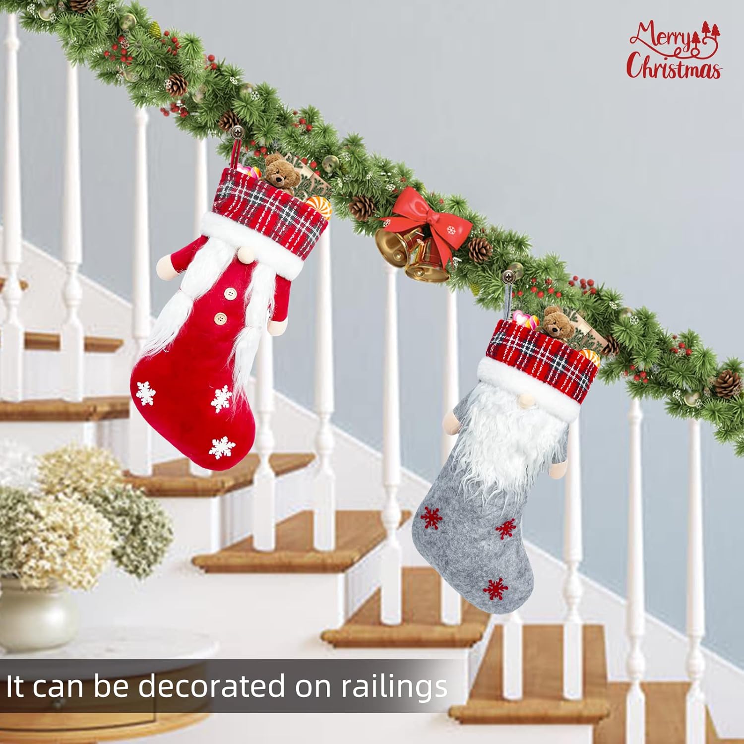 Meajore 2 Pcs Christmas Stockings New Set, 3D Gnomes Santa Christmas Stockings Personalized (18inch) Soft Classic Red and Grey Fireplace Hanging for Family Holiday Xmas Party Decorations