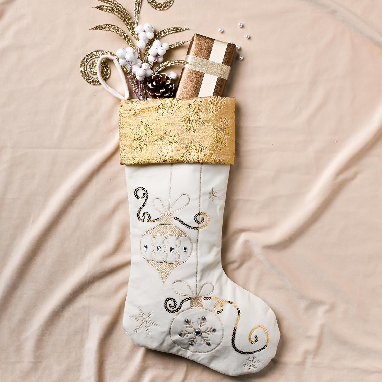 Valery Madelyn 21 Inches Christmas Stockings Decorations, 2 Pack White and Gold Stockings Embroidered in Gold Thread, Elegant Stocking Christmas with Name Tag for Fireplace Decor