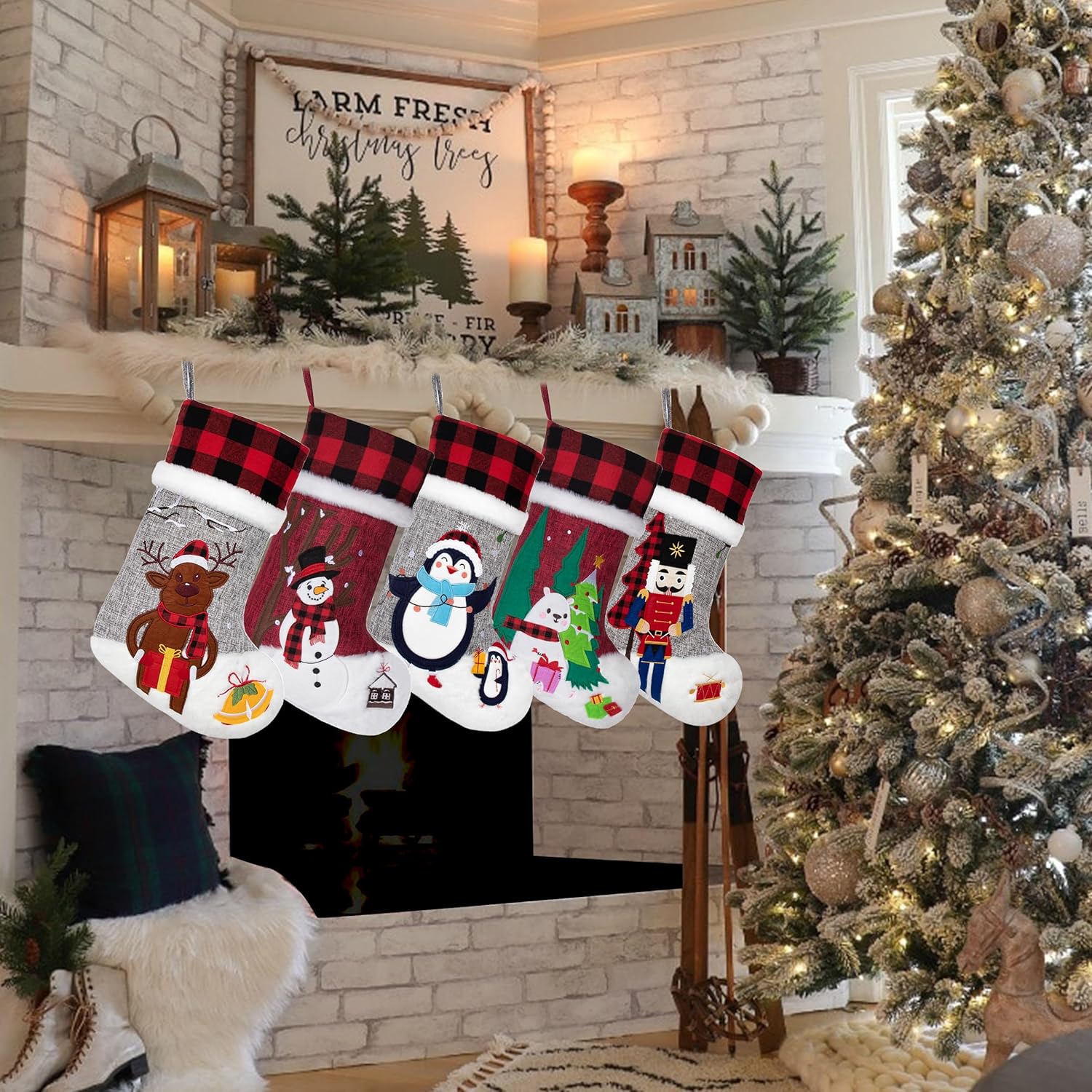 BHD BEAUTY Set of 6 Christmas Stockings Gray Burlap Buffalo Red Plaid Soft Faux Fur 20 Inches Lovely Embroidery Pattern for Family Decorations Hanging Ornament for Xmas Holiday Party