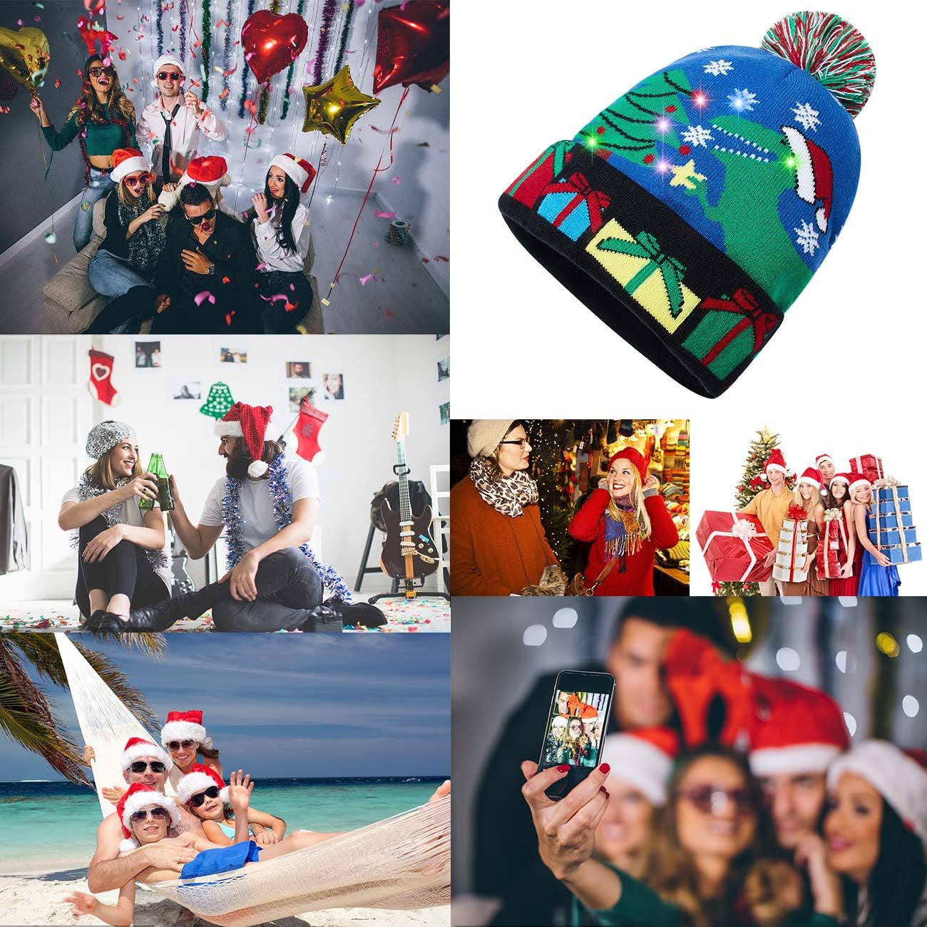 Unisex Ugly LED Christmas Hat Novelty Colorful Light-up Stylish Knitted Sweater Xmas Party Beanie Cap(6 Lights)