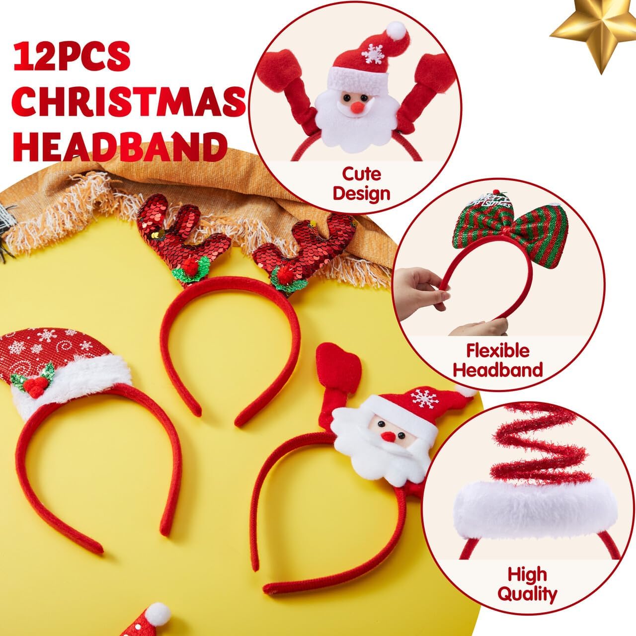 12 Packs Christmas Headbands 3D Head Hat Headbands for Kids Women Men Christmas Parties Costume Accessories Xmas Holiday Party Favors Photo Booth (ONE SIZE FIT ALL)