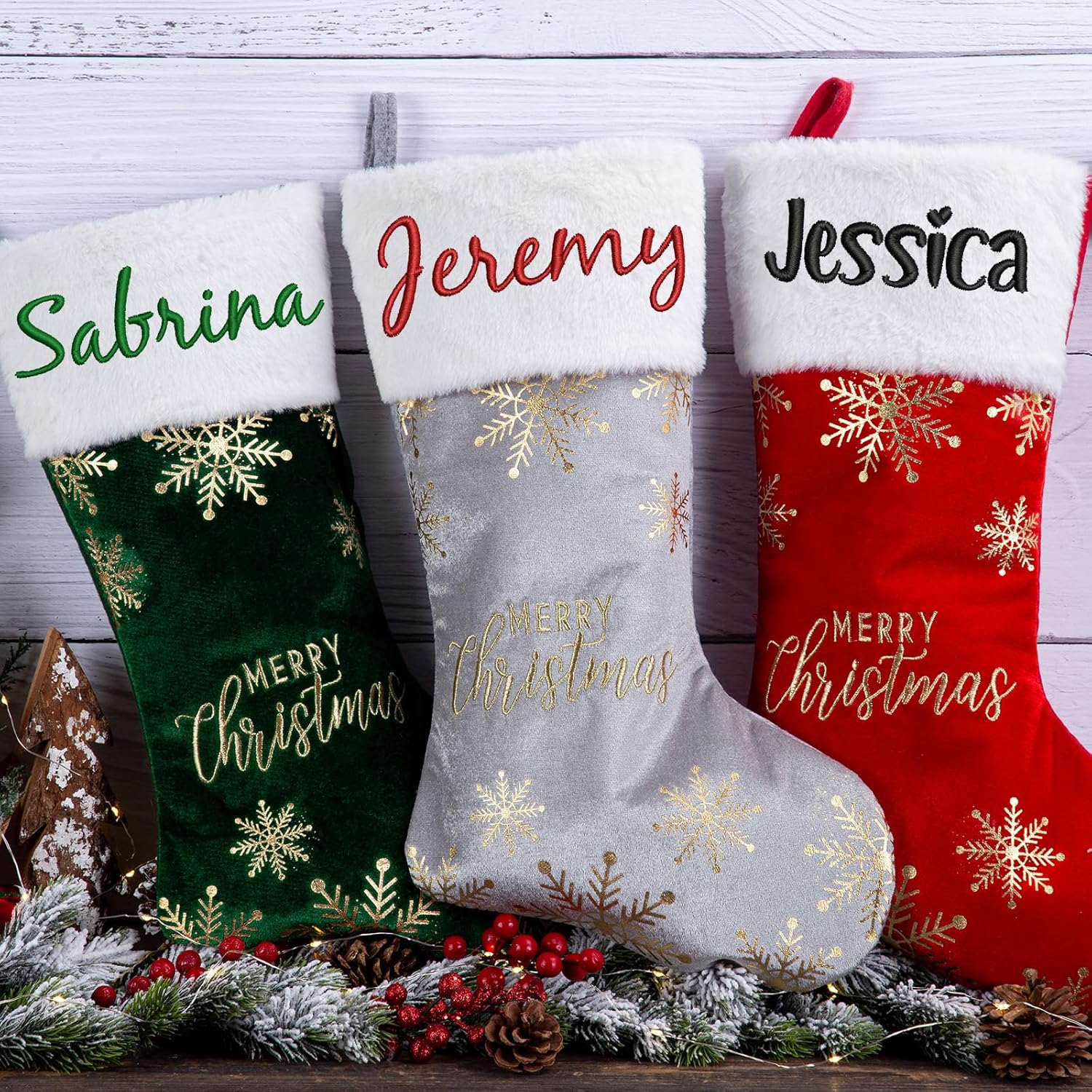 Flycalf Velvet Christmas Stockings 6 Pack Large 20 Inches with Hanging Loop Embroidery Classic Luxury Family Ornament Fireplace Hanging Stockings for Christmas Decorations