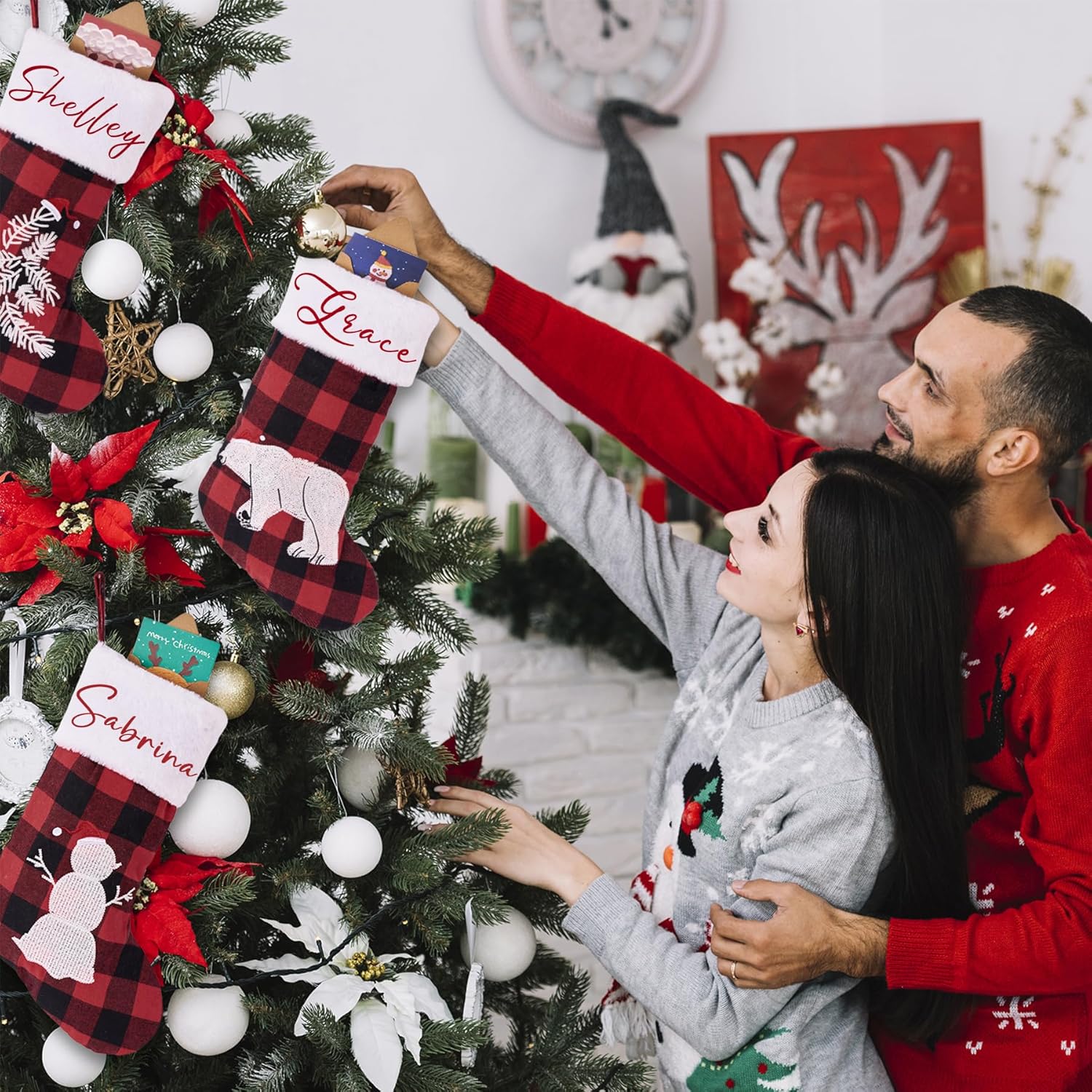 Flycalf Velvet Christmas Stockings 6 Pack Large 20 Inches with Hanging Loop Embroidery Classic Luxury Family Ornament Fireplace Hanging Stockings for Christmas Decorations