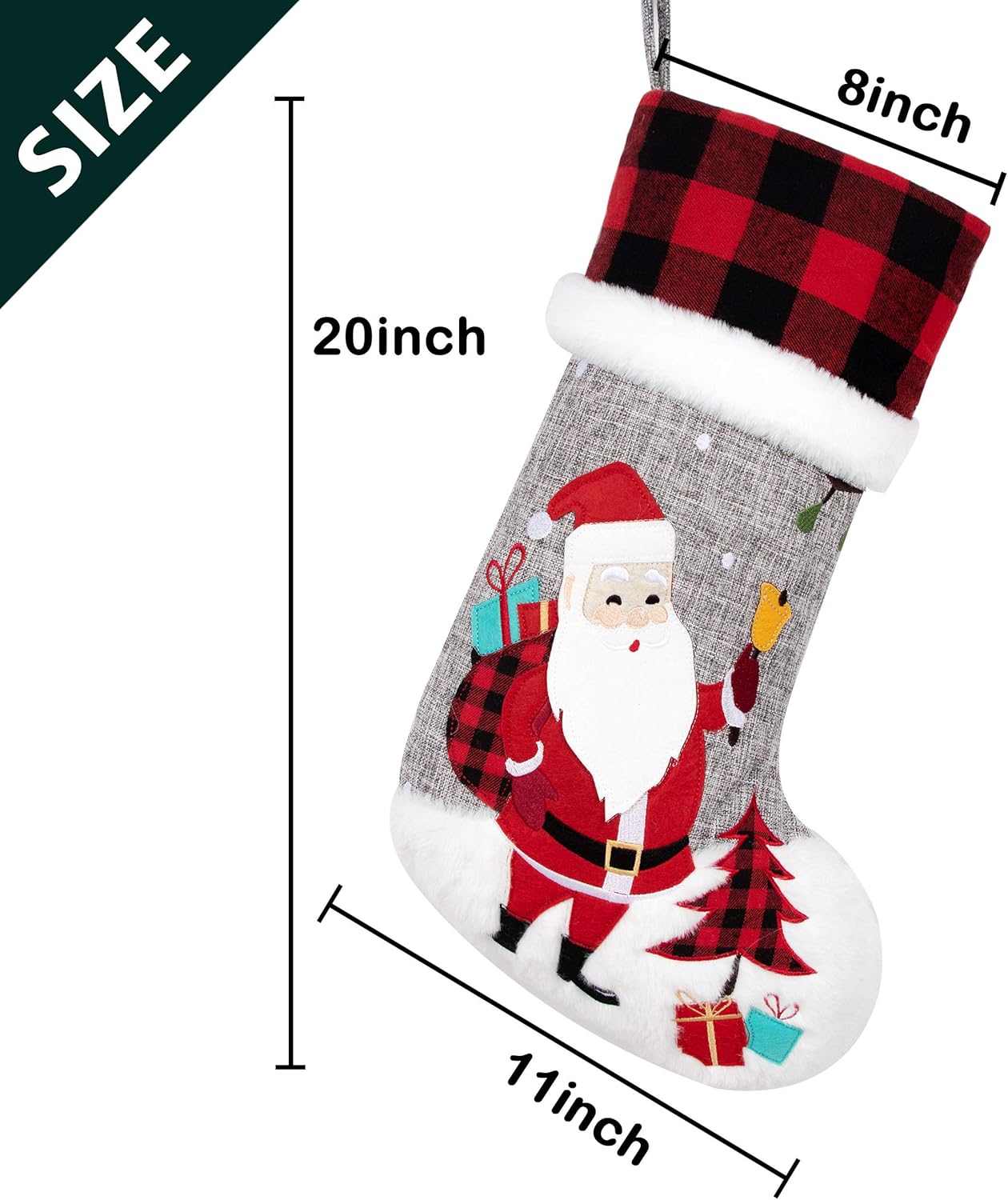 BHD BEAUTY Set of 6 Christmas Stockings Gray Burlap Buffalo Red Plaid Soft Faux Fur 20 Inches Lovely Embroidery Pattern for Family Decorations Hanging Ornament for Xmas Holiday Party