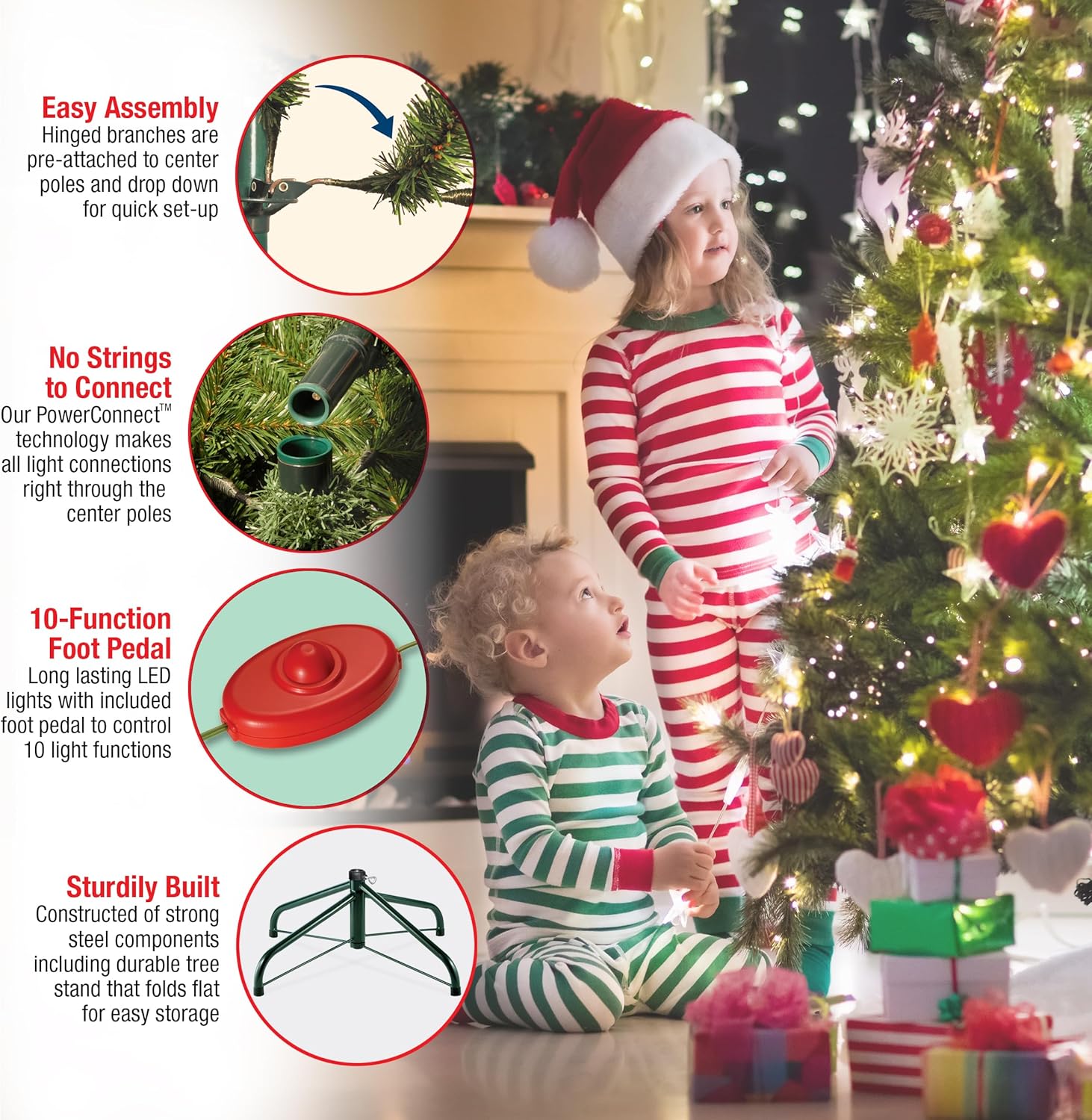 National Tree Company 7.5 ft Pre-Lit Dunhill Fir Artificial Christmas Tree, 700 LED Lights, 2,514 Tips, Foot Pedal, 10 Light Functions, Includes Stand, Green