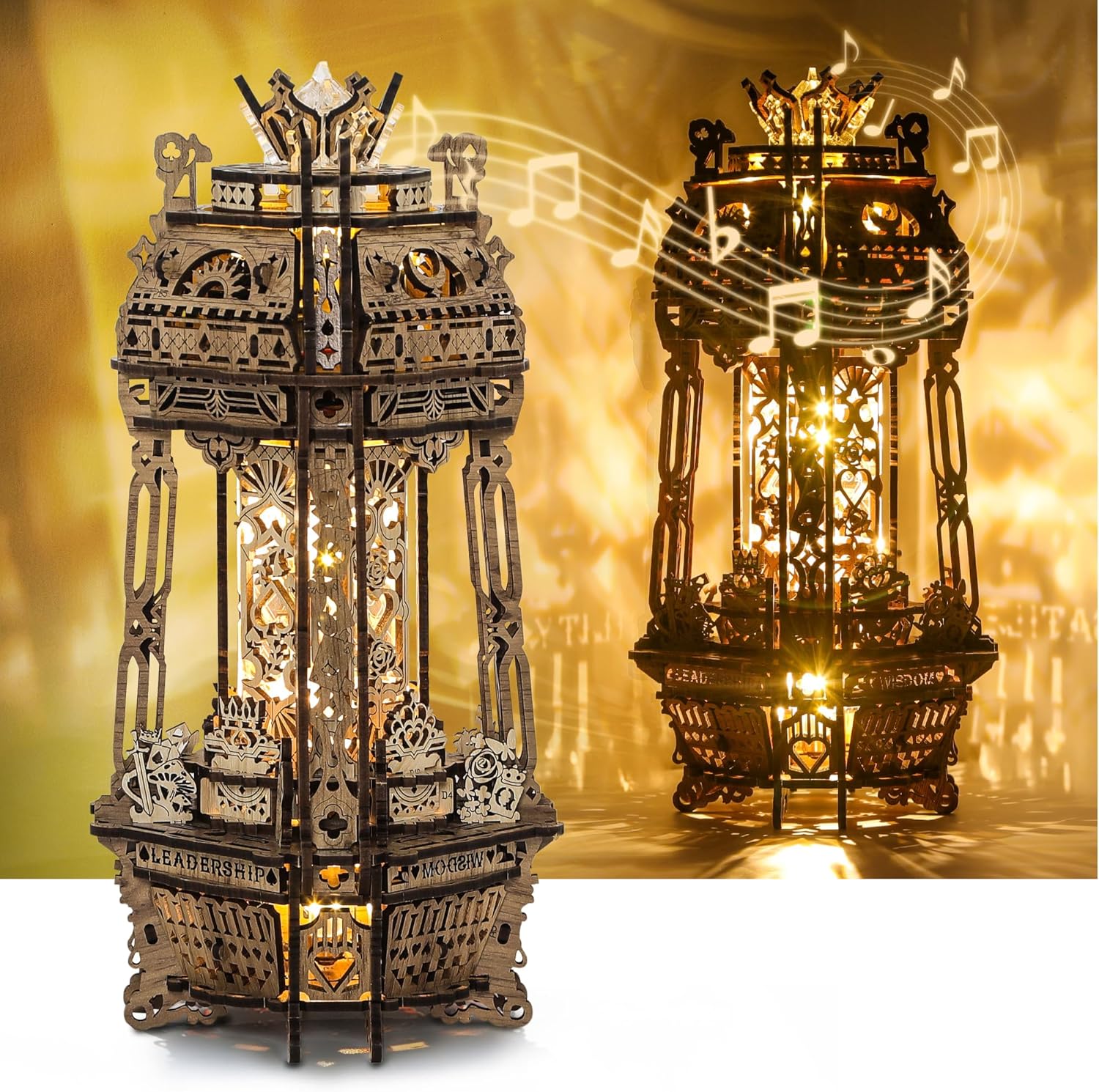 FUNPOLA LED 3D Wood Puzzle Poker World Projector Lamp – DIY Craft Kit with LED Lights and Music Box – Creative Poker-Themed Lamp, Nightlight Gift for Home Décor (Black Walnut)