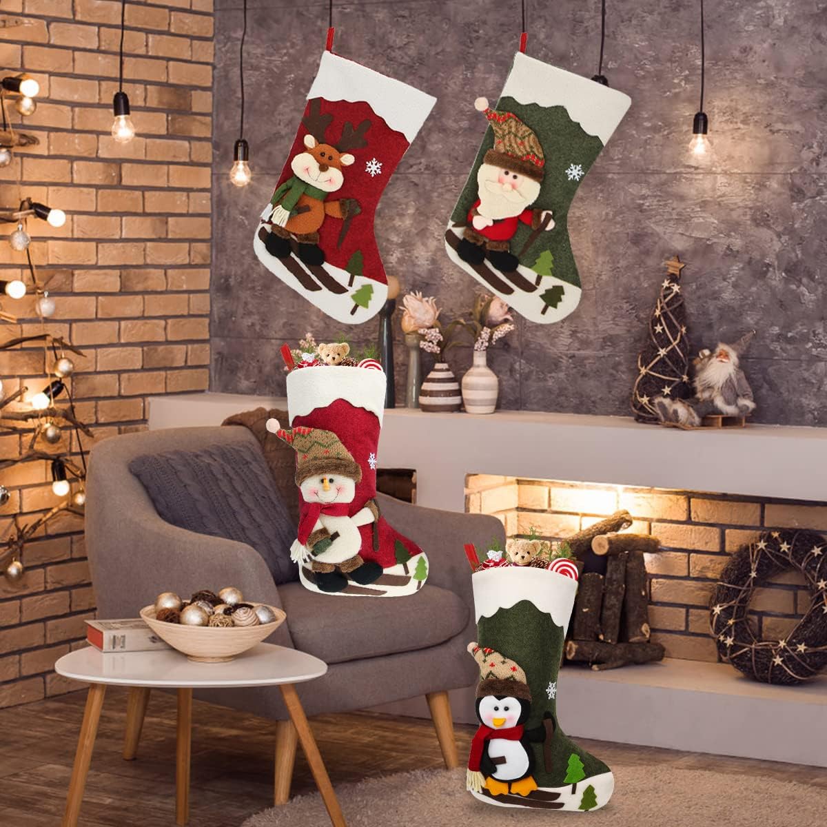 Dreampark Christmas Stockings 4 Pack 18 Big Xmas Stockings Decoration - Santa Snowman Reindeer Penguin Family Stockings for Home Decor Set of 4
