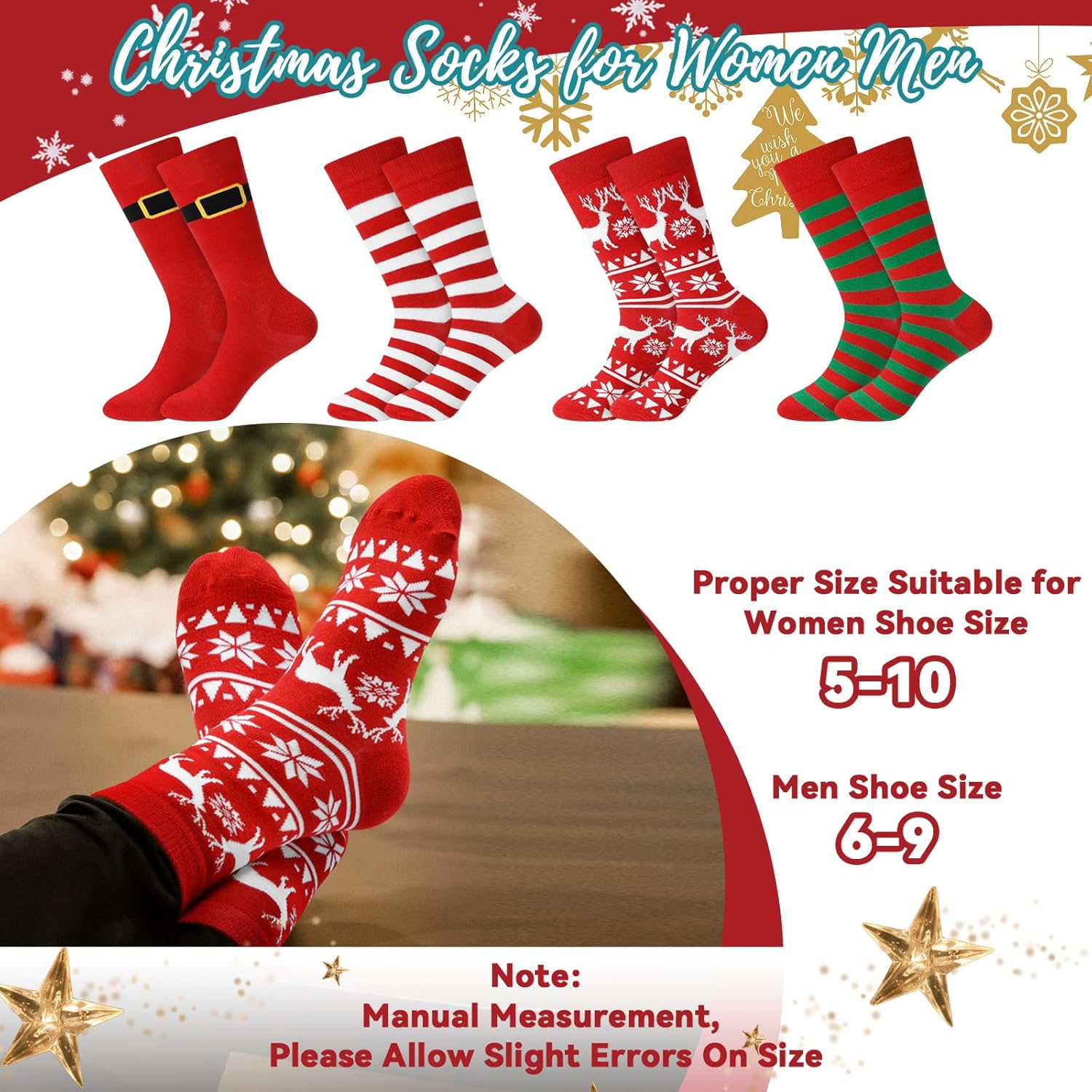 12 Pack Christmas Winter Accessories Set, 4 Christmas Beanies 4 Knitted Scarves and 4 Pairs of Holiday Socks Soft Warm Xmas Hat Scarf Sock Set for Family Parties Gifts