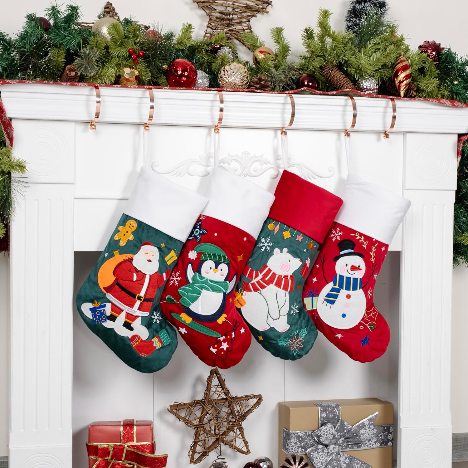 BHD BEAUTY Set of 6 Christmas Stockings Gray Burlap Buffalo Red Plaid Soft Faux Fur 20 Inches Lovely Embroidery Pattern for Family Decorations Hanging Ornament for Xmas Holiday Party
