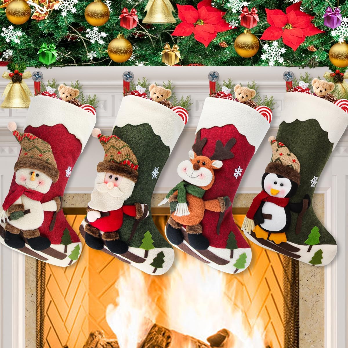 Dreampark Christmas Stockings 4 Pack 18 Big Xmas Stockings Decoration - Santa Snowman Reindeer Penguin Family Stockings for Home Decor Set of 4