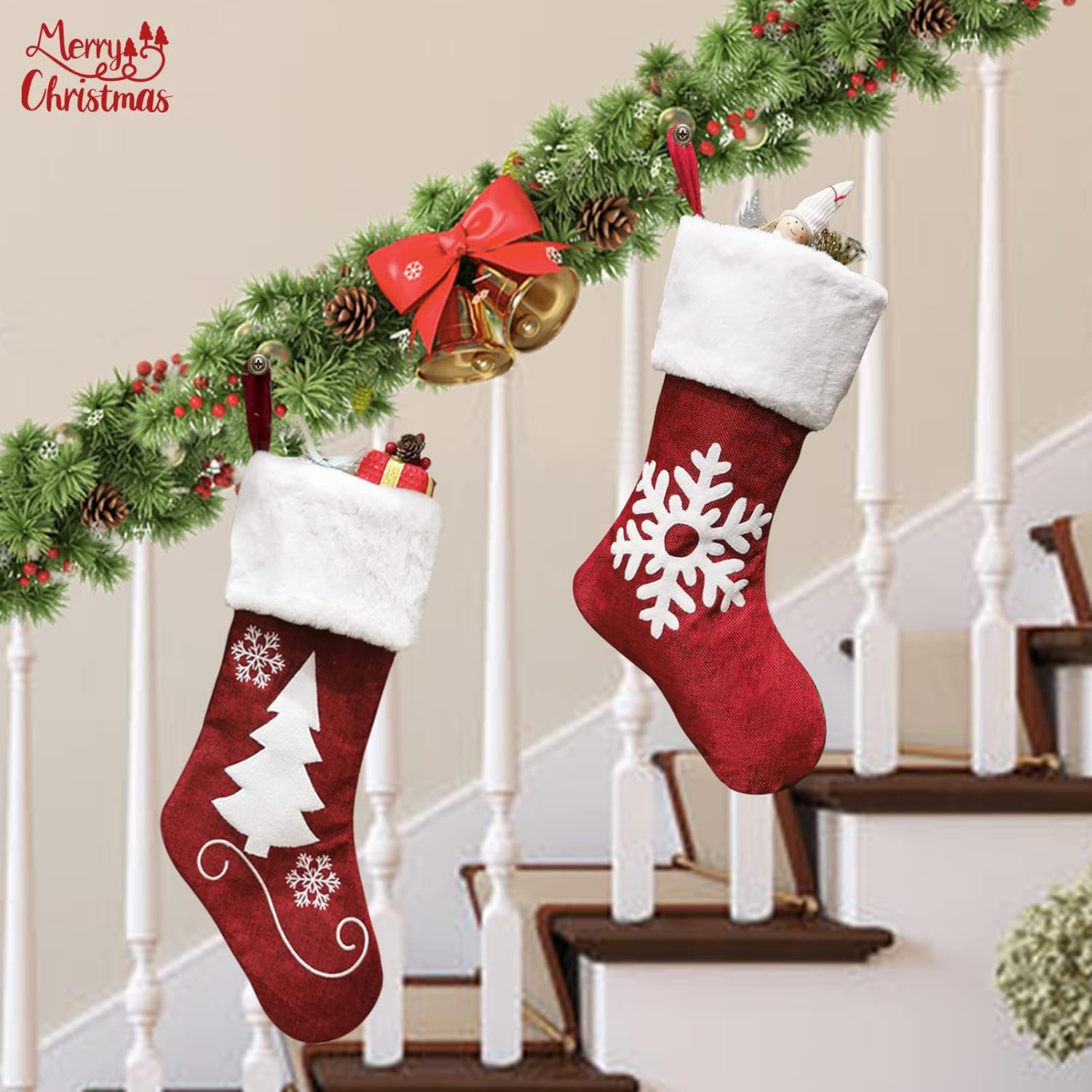 Meajore 2 Pcs Christmas Stockings New Set, 3D Gnomes Santa Christmas Stockings Personalized (18inch) Soft Classic Red and Grey Fireplace Hanging for Family Holiday Xmas Party Decorations