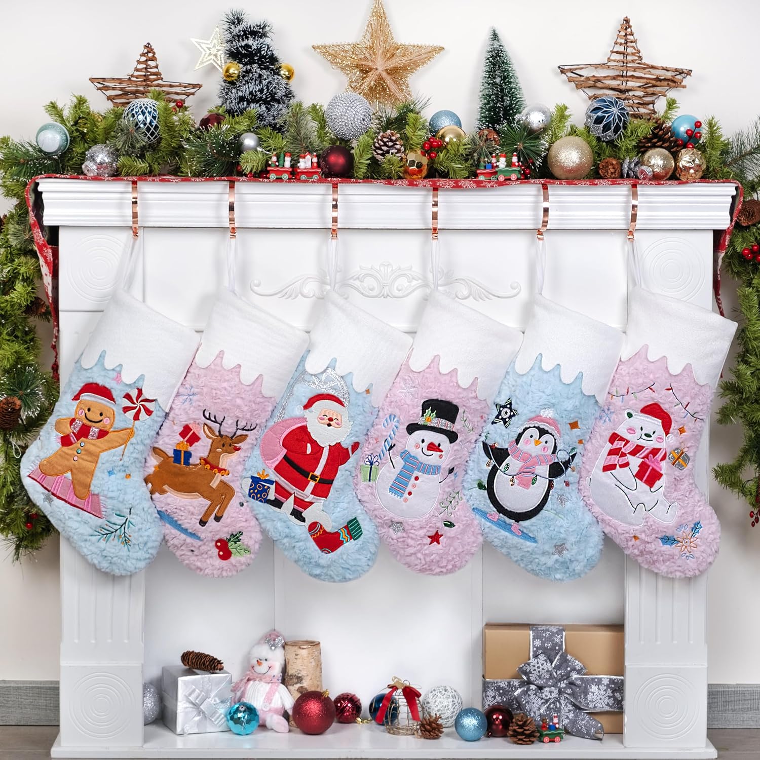 BHD BEAUTY Set of 6 Christmas Stockings Gray Burlap Buffalo Red Plaid Soft Faux Fur 20 Inches Lovely Embroidery Pattern for Family Decorations Hanging Ornament for Xmas Holiday Party