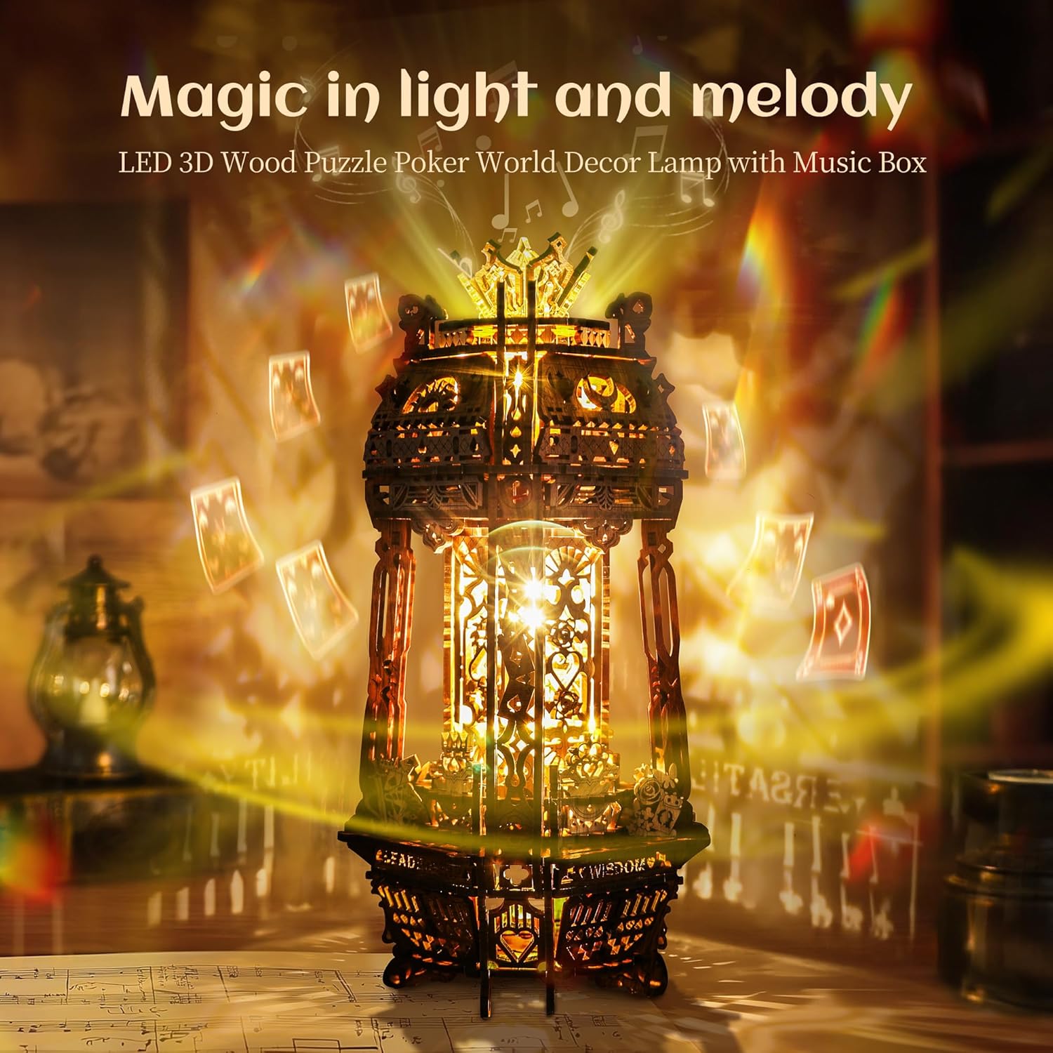 FUNPOLA LED 3D Wood Puzzle Poker World Projector Lamp – DIY Craft Kit with LED Lights and Music Box – Creative Poker-Themed Lamp, Nightlight Gift for Home Décor (Black Walnut)