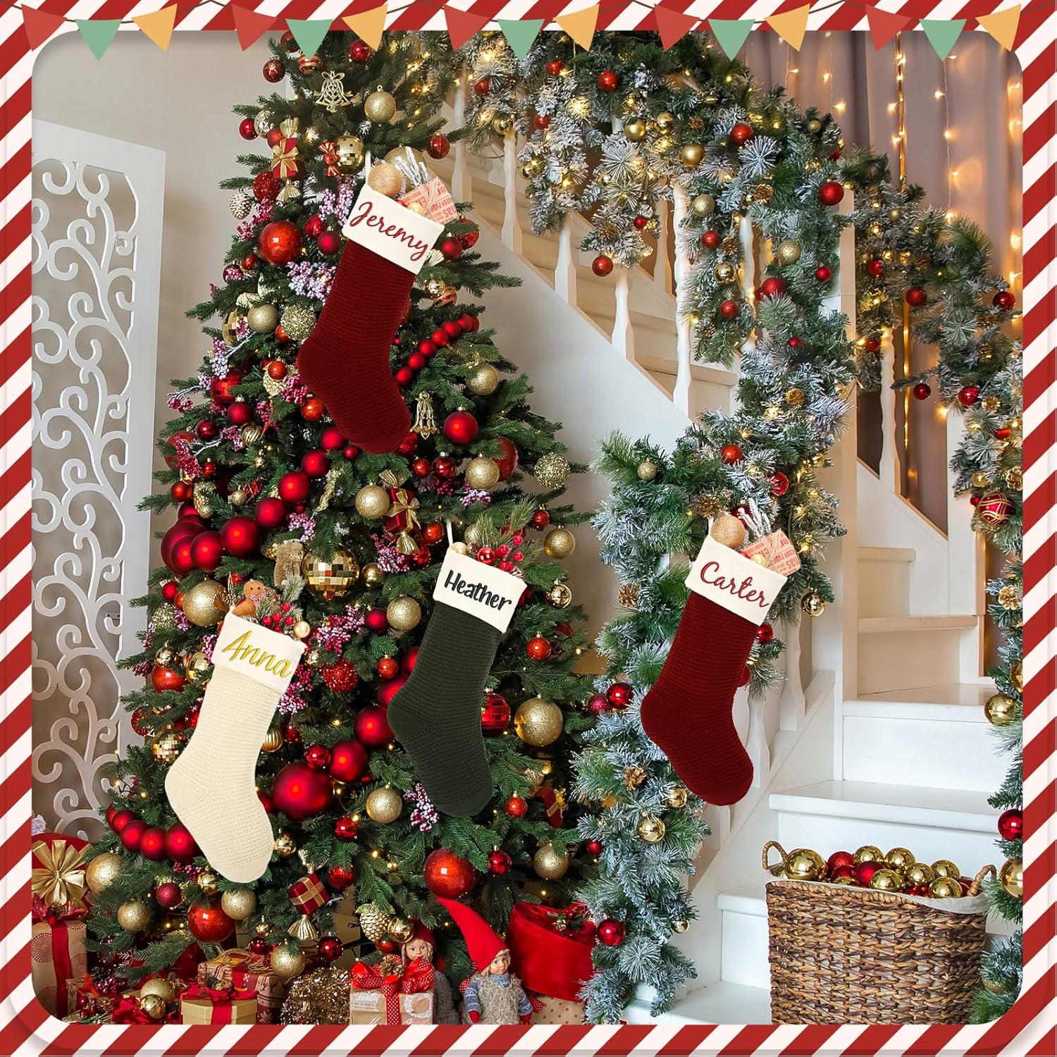 Flycalf Velvet Christmas Stockings 6 Pack Large 20 Inches with Hanging Loop Embroidery Classic Luxury Family Ornament Fireplace Hanging Stockings for Christmas Decorations