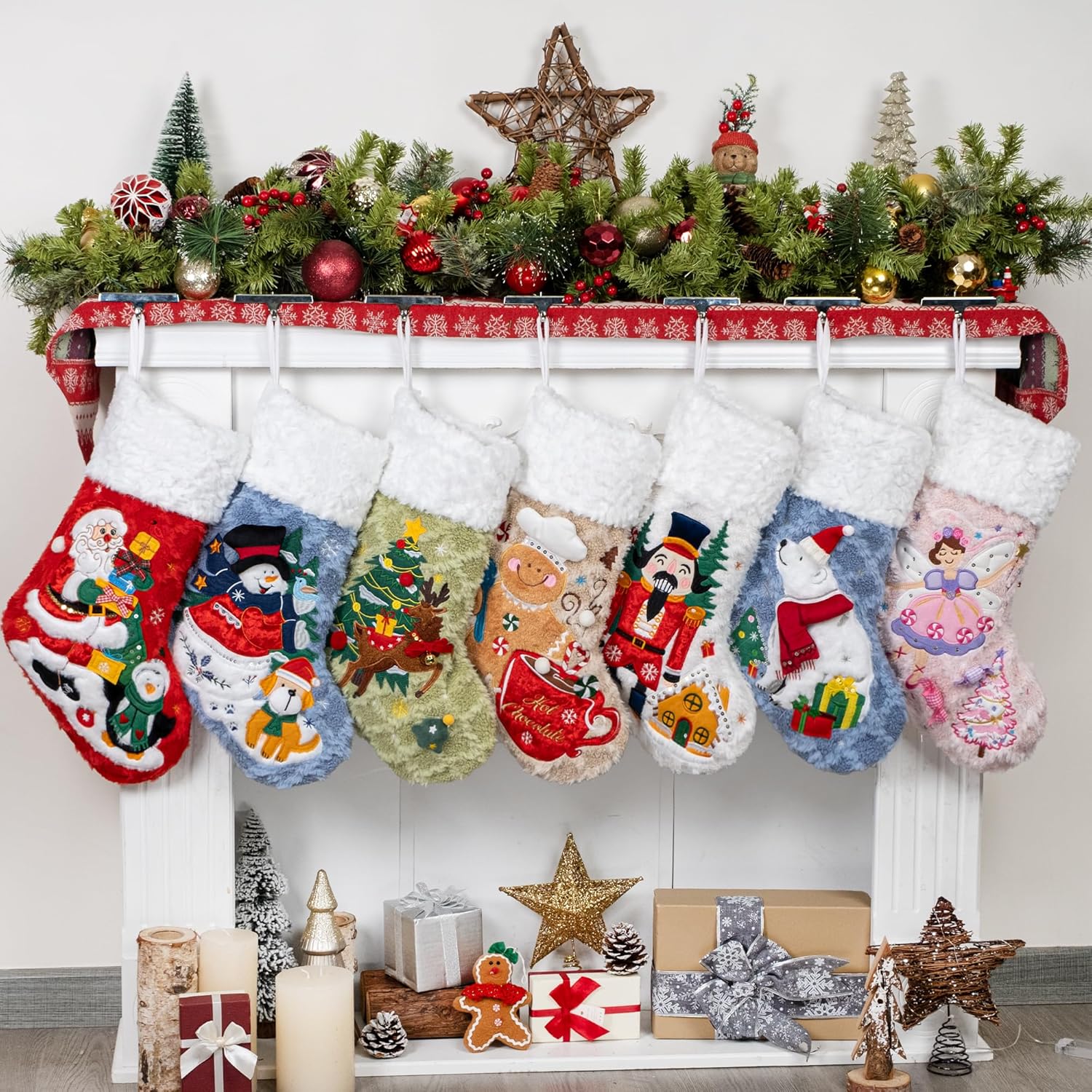 BHD BEAUTY Set of 6 Christmas Stockings Gray Burlap Buffalo Red Plaid Soft Faux Fur 20 Inches Lovely Embroidery Pattern for Family Decorations Hanging Ornament for Xmas Holiday Party