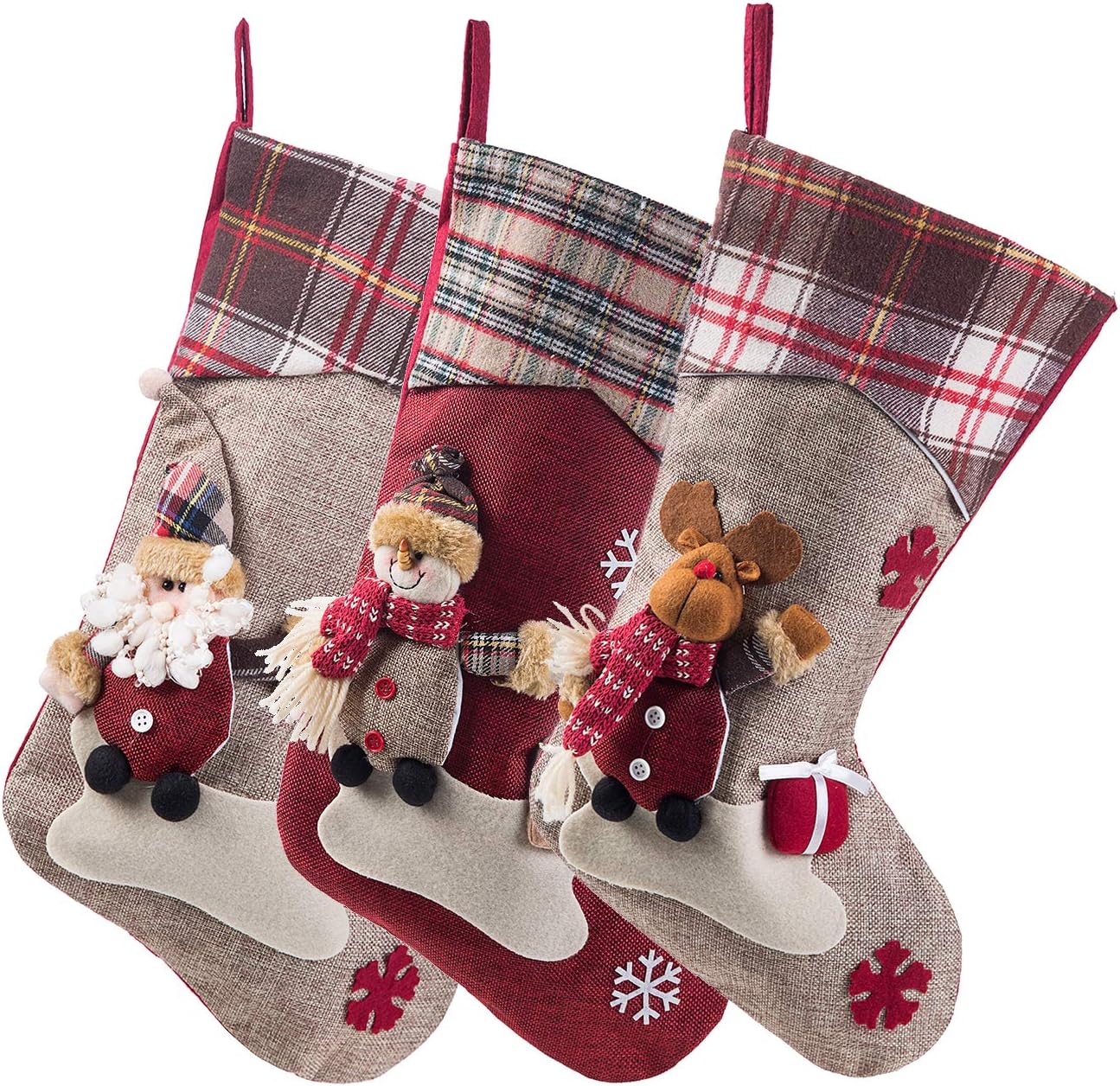 Sunnyglade 3PCS 17.5 Christmas Stocking Classic Large Stockings Santa, Snowman, Reindeer Xmas Character for Family Holiday Christmas Party Decorations