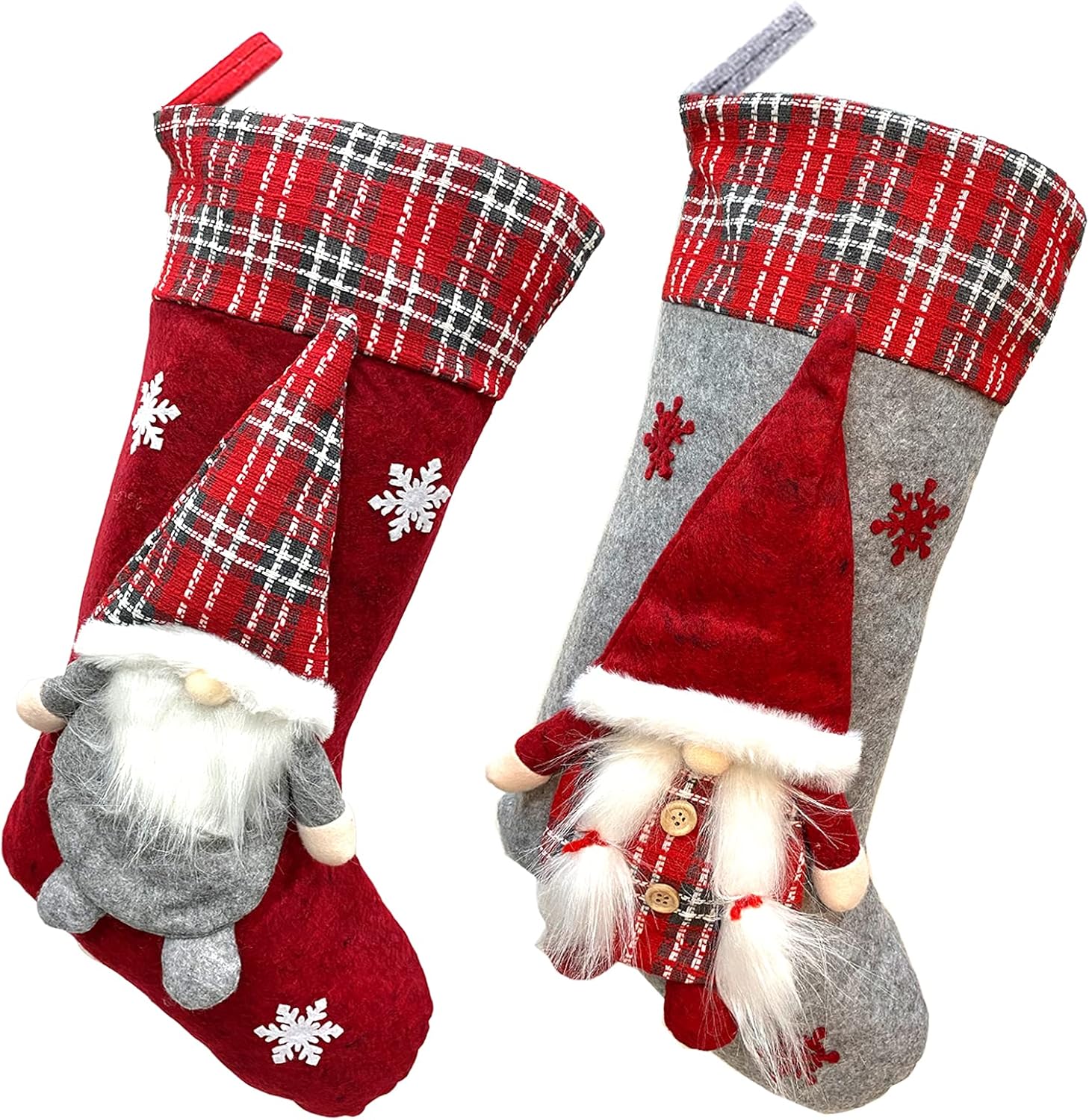 Meajore 2 Pcs Christmas Stockings New Set, 3D Gnomes Santa Christmas Stockings Personalized (18inch) Soft Classic Red and Grey Fireplace Hanging for Family Holiday Xmas Party Decorations