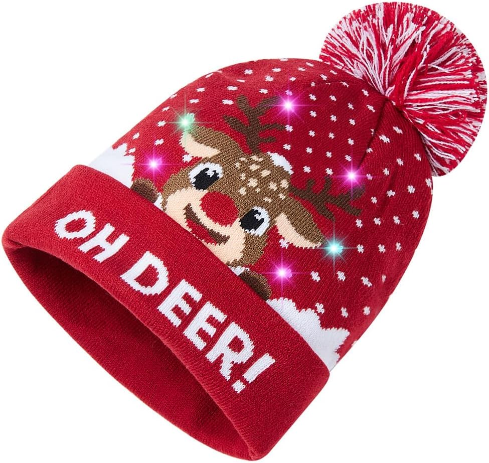 Unisex Ugly LED Christmas Hat Novelty Colorful Light-up Stylish Knitted Sweater Xmas Party Beanie Cap(6 Lights)