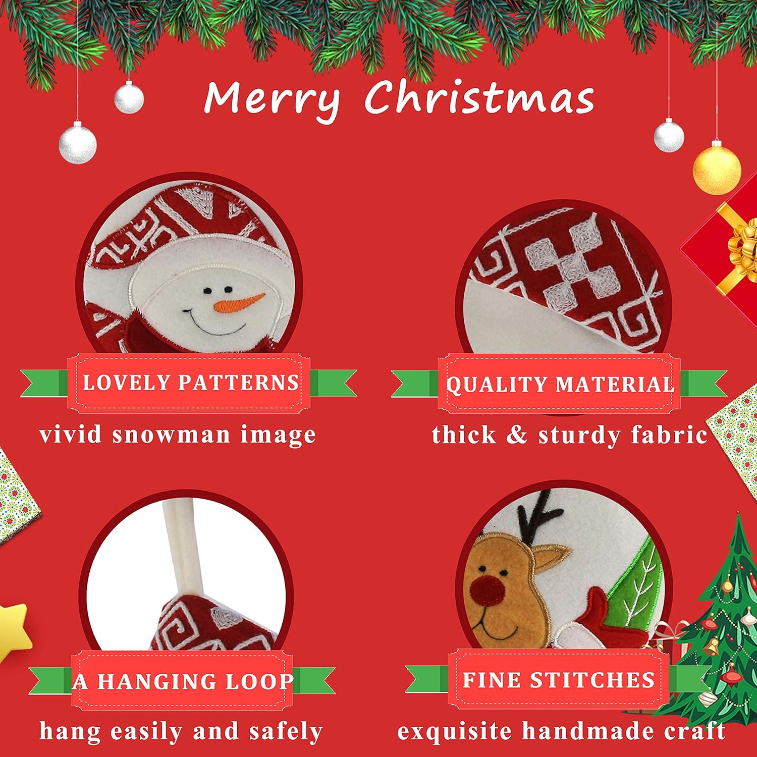 WEWILL Classic Christmas Stockings Set of 2 Elk, Snowman Xmas Character 17 inch Christmas Decorations Gift for Family Kids (Style 4)