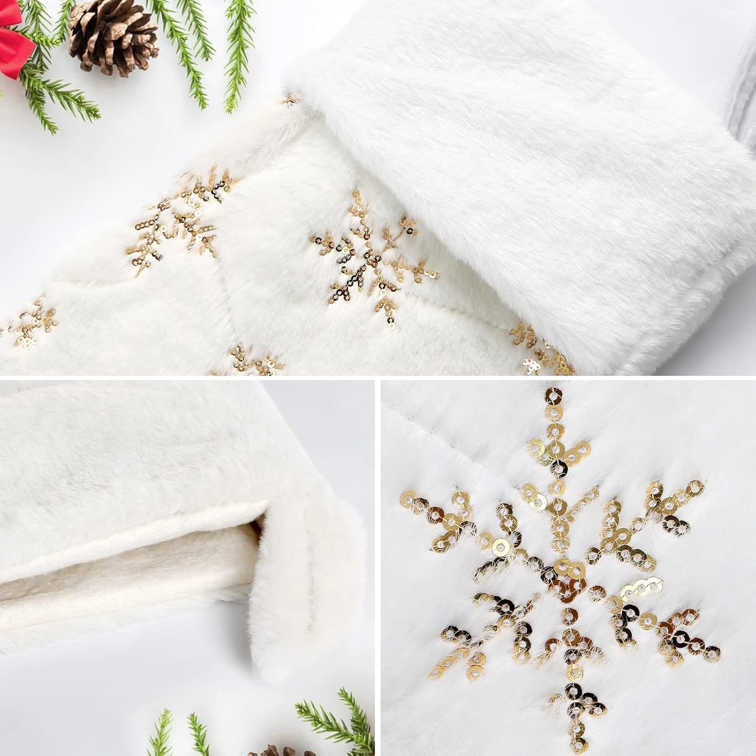 Dremisland 4 Pack Christmas Stockings - 20 Inch Cream White Faux Fur Xmas Stockings with Silver Sequin Snowflakes Super Soft Thick Plush Xmas Stockings for Christmas Decoration Holiday Decor (Sliver)