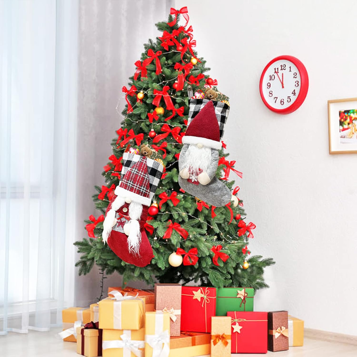 Meajore 2 Pcs Christmas Stockings New Set, 3D Gnomes Santa Christmas Stockings Personalized (18inch) Soft Classic Red and Grey Fireplace Hanging for Family Holiday Xmas Party Decorations