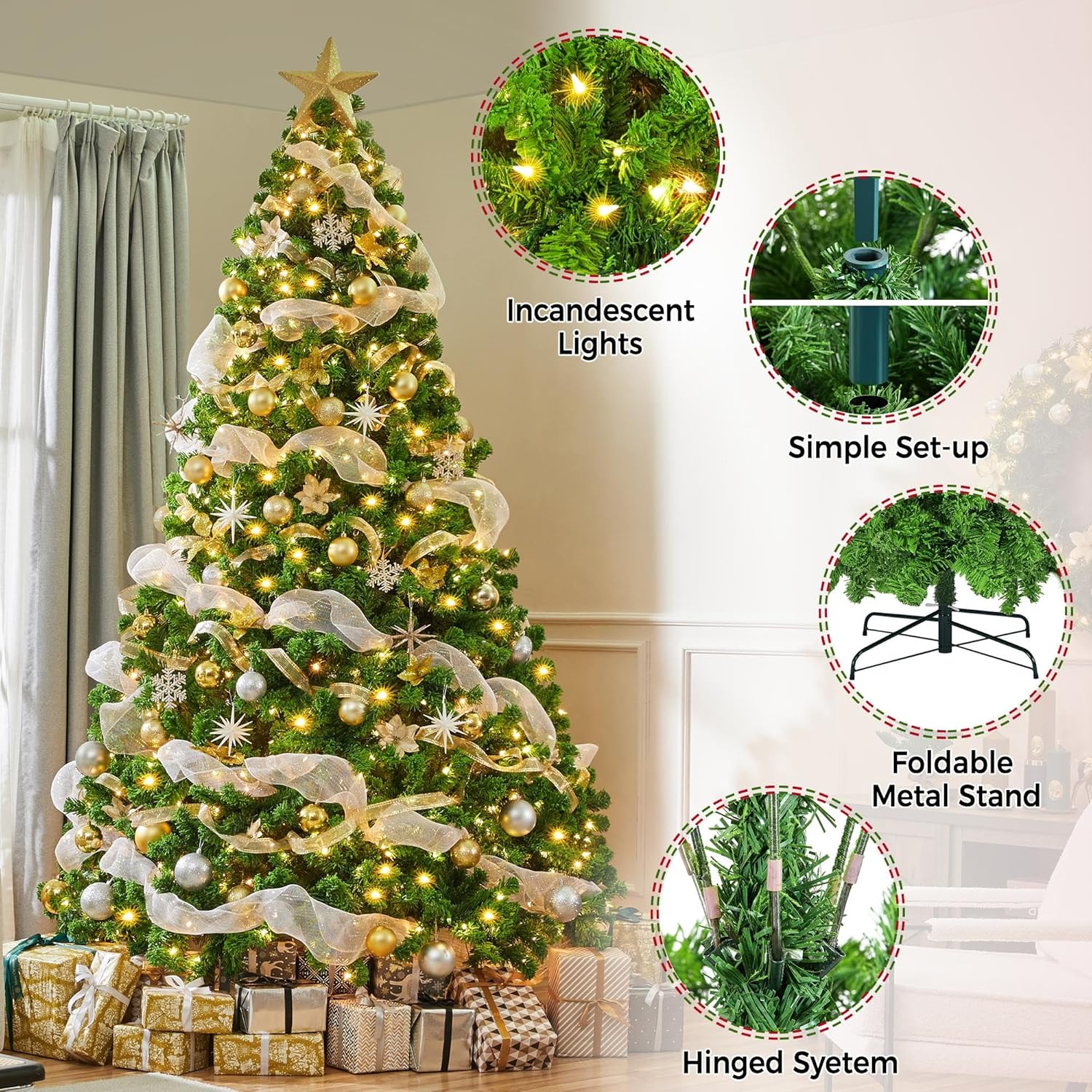 6ft Snow Flocked Pre-lit Christmas Tree with 250 Warm White Lights, 820 Lush Branch Tips & Quick-Assembly Hinged Design, Full Artificial Xmas Tree for Winter Holiday Décor, Green & White