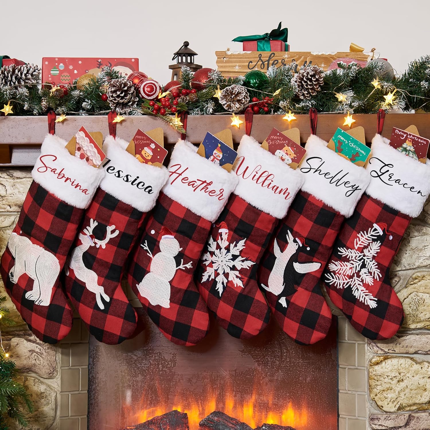 Flycalf Velvet Christmas Stockings 6 Pack Large 20 Inches with Hanging Loop Embroidery Classic Luxury Family Ornament Fireplace Hanging Stockings for Christmas Decorations