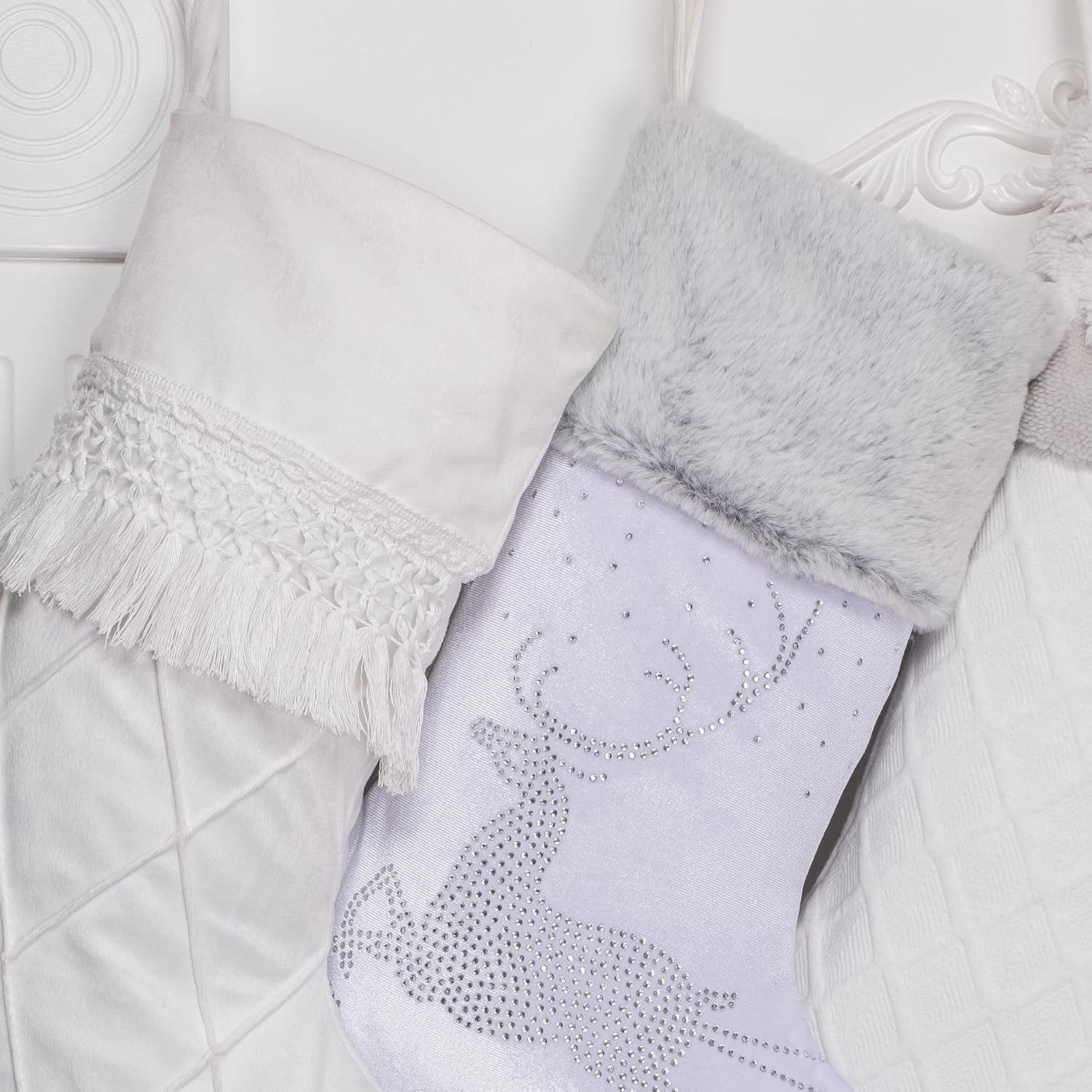 BHD BEAUTY Set of 6 Christmas Stockings Gray Burlap Buffalo Red Plaid Soft Faux Fur 20 Inches Lovely Embroidery Pattern for Family Decorations Hanging Ornament for Xmas Holiday Party