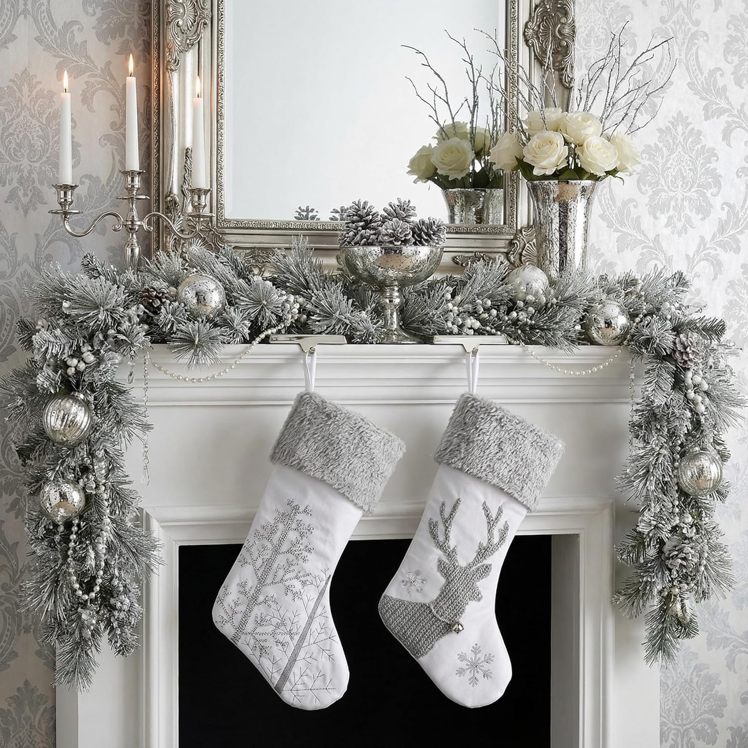 Valery Madelyn Christmas Stockings Decorations, 21 Inch Fabric 2 Pack Silver White Elk Embroidery Plush Personalized Fireplace Hanging Ornament for Holiday Xmas Party Decor