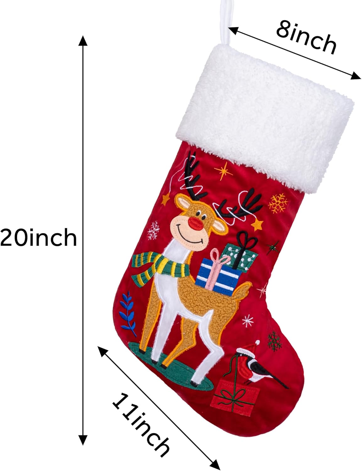 BHD BEAUTY Set of 6 Christmas Stockings Gray Burlap Buffalo Red Plaid Soft Faux Fur 20 Inches Lovely Embroidery Pattern for Family Decorations Hanging Ornament for Xmas Holiday Party