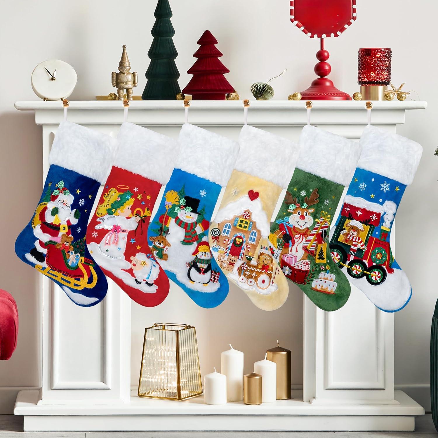 BHD BEAUTY Set of 6 Christmas Stockings Gray Burlap Buffalo Red Plaid Soft Faux Fur 20 Inches Lovely Embroidery Pattern for Family Decorations Hanging Ornament for Xmas Holiday Party