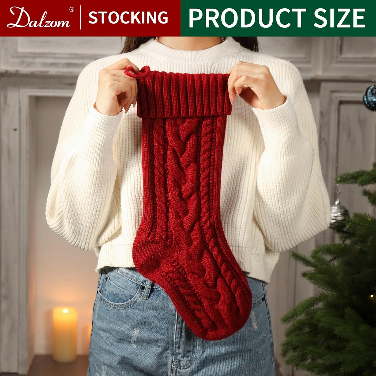 Dalzom® 4Pcs Personalized Christmas Stockings with Leather Patches Custom Name, 18” Premium Large Knitted Christmas Stockings for Kids, Family, Holiday and Fireplace Party Decoration