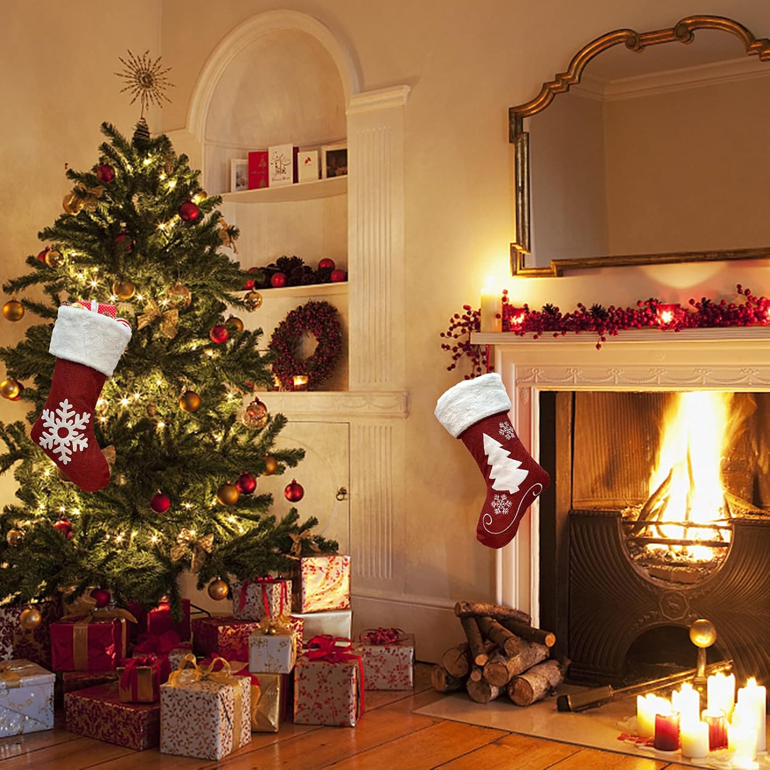 Meajore 2 Pcs Christmas Stockings New Set, 3D Gnomes Santa Christmas Stockings Personalized (18inch) Soft Classic Red and Grey Fireplace Hanging for Family Holiday Xmas Party Decorations